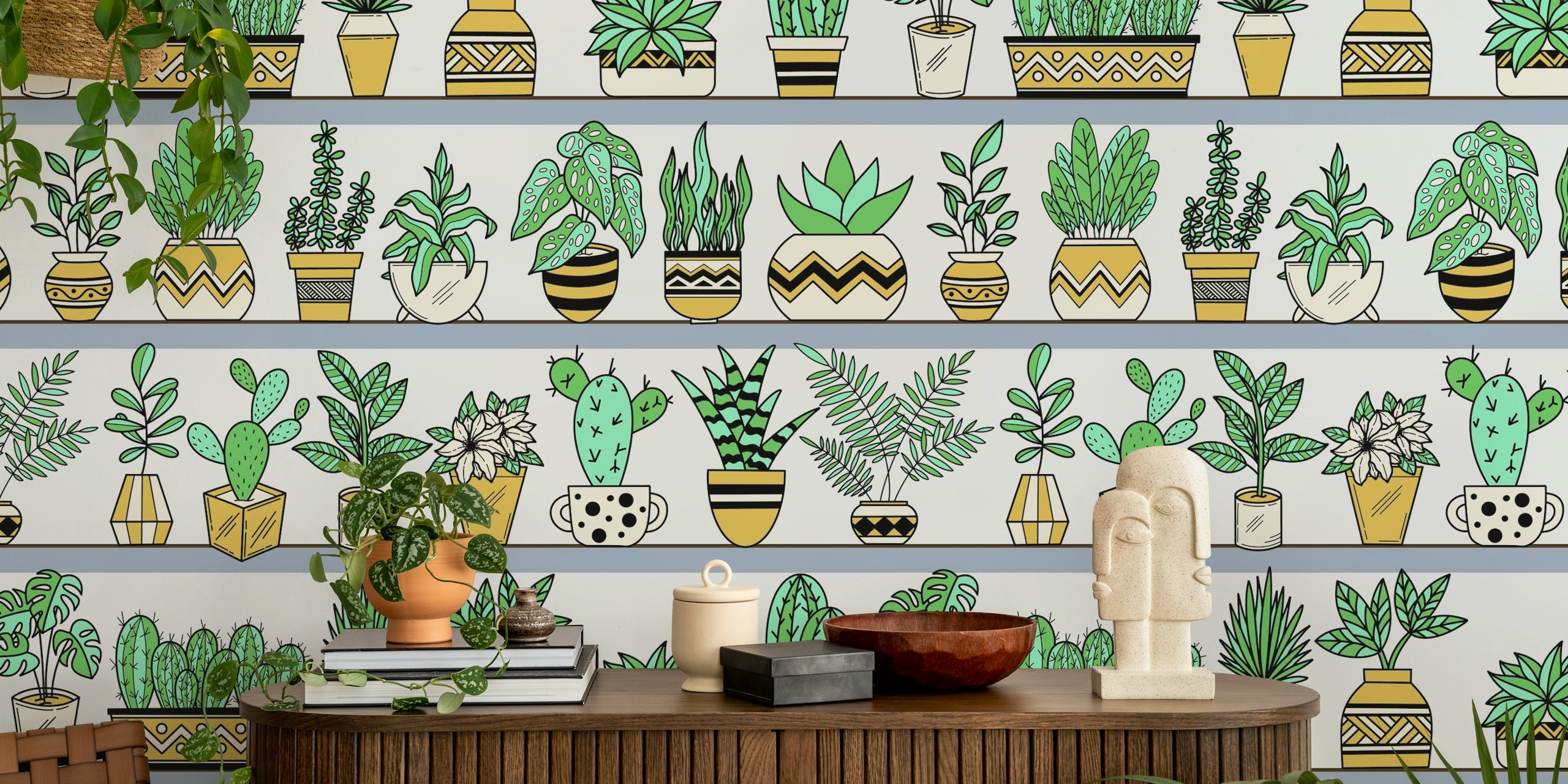 Colorful plant wallpaper on shelves