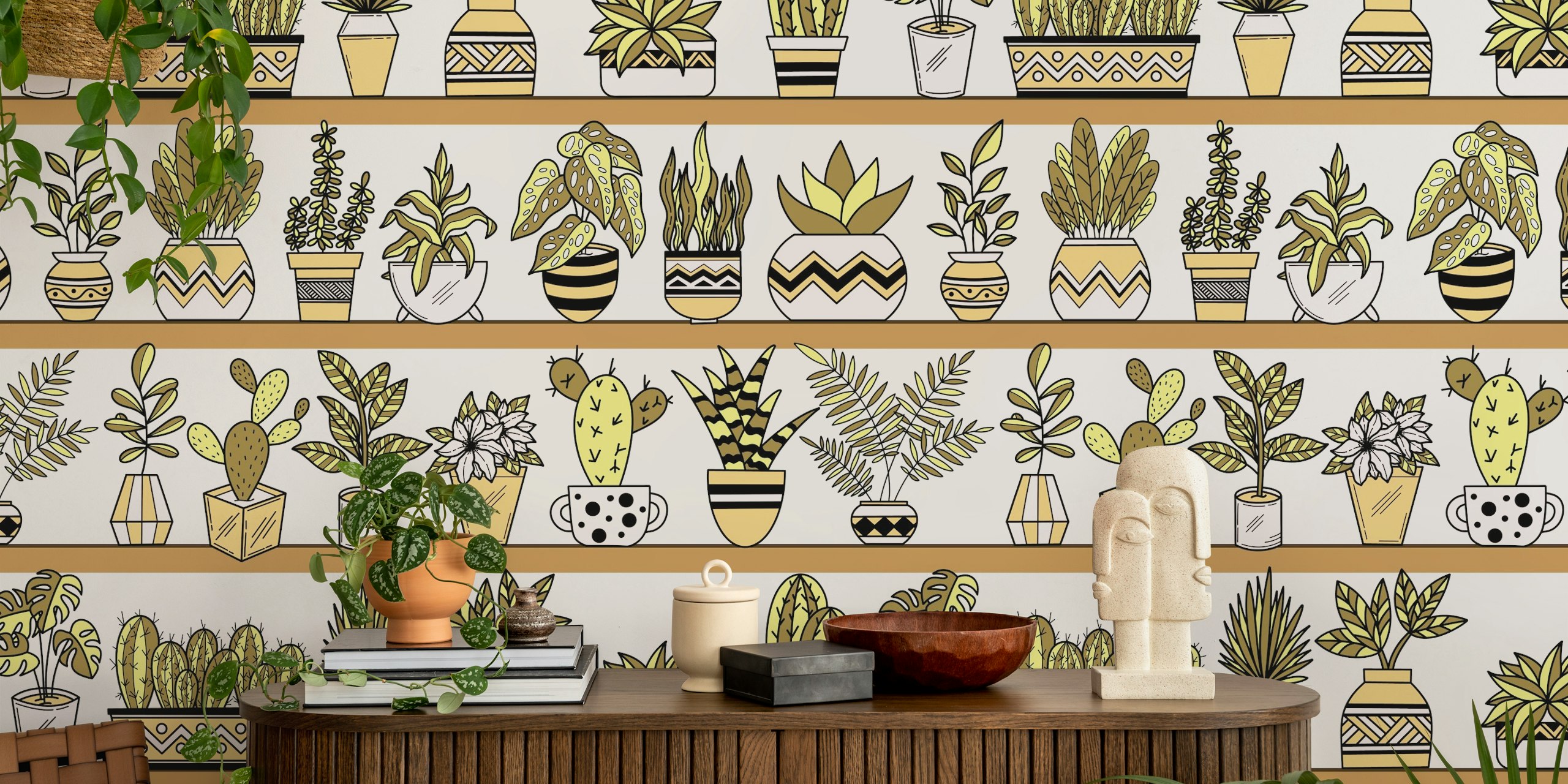 Wallpaper design with shelves and potted plants
