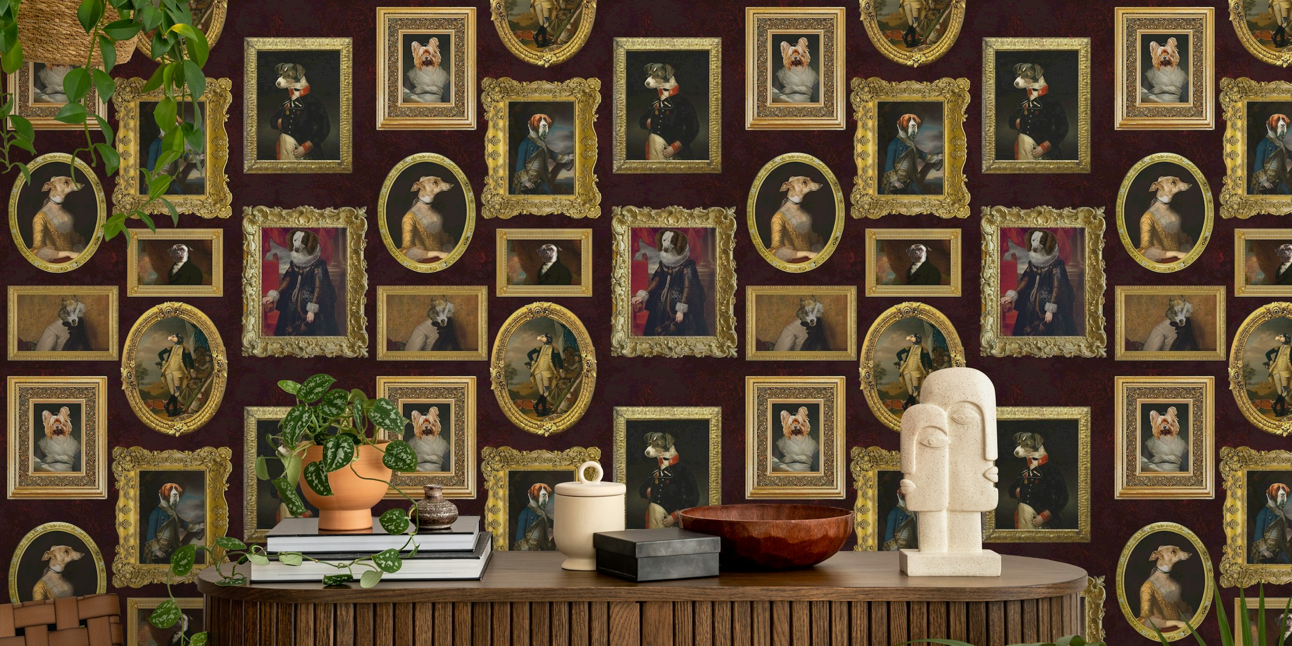 Burgundy red wallpaper featuring whimsical dog portraits in ornate frames