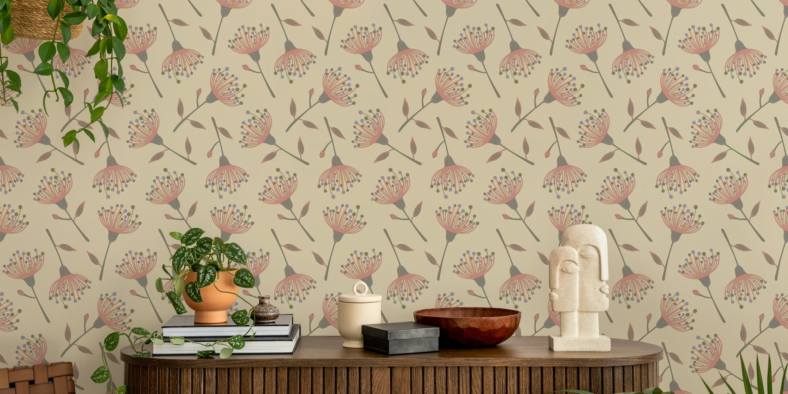Eucalyptus tossed floral wallpaper in a room