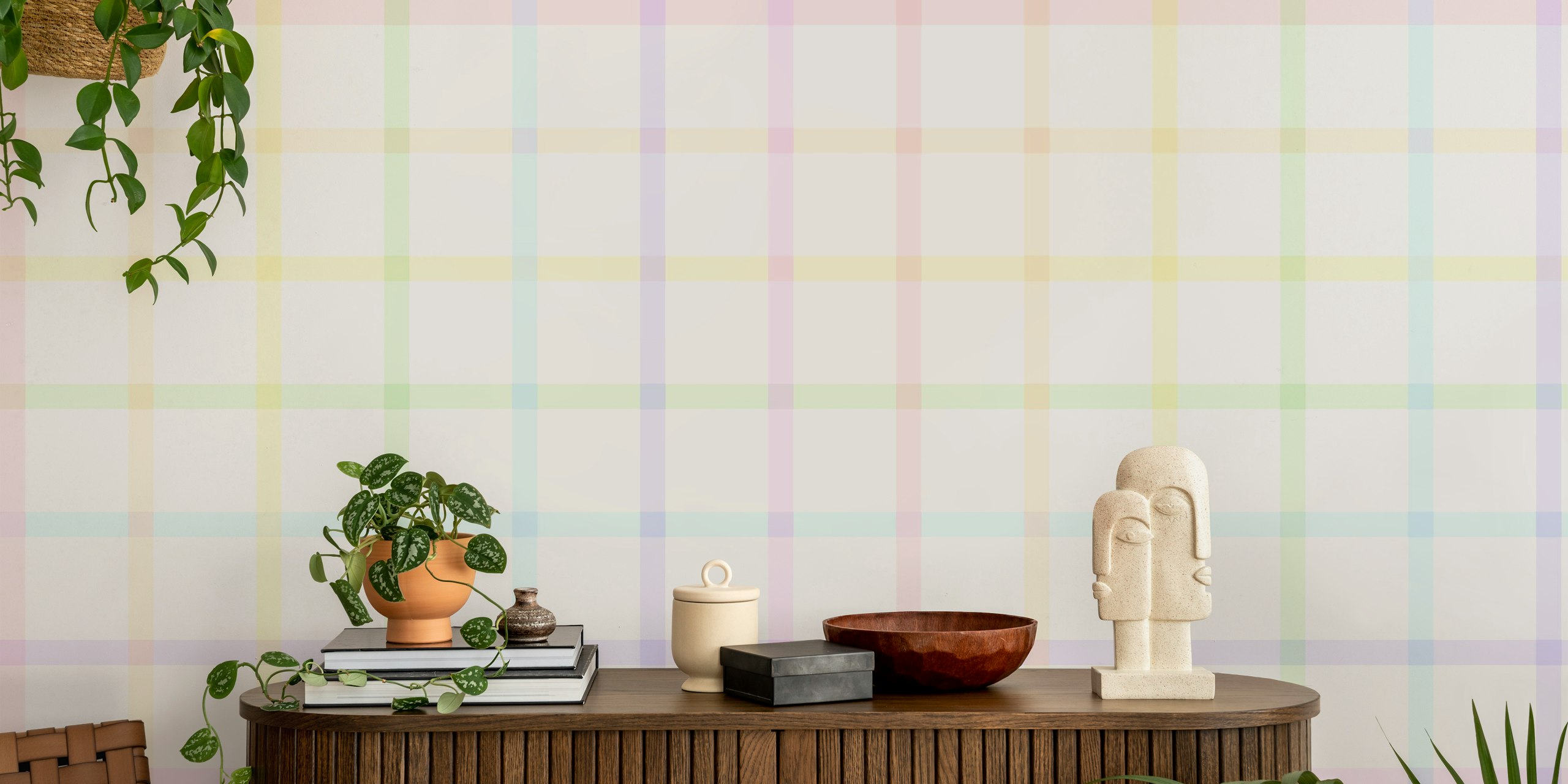 Tapeta Pastel Rainbow Gingham v pokoji