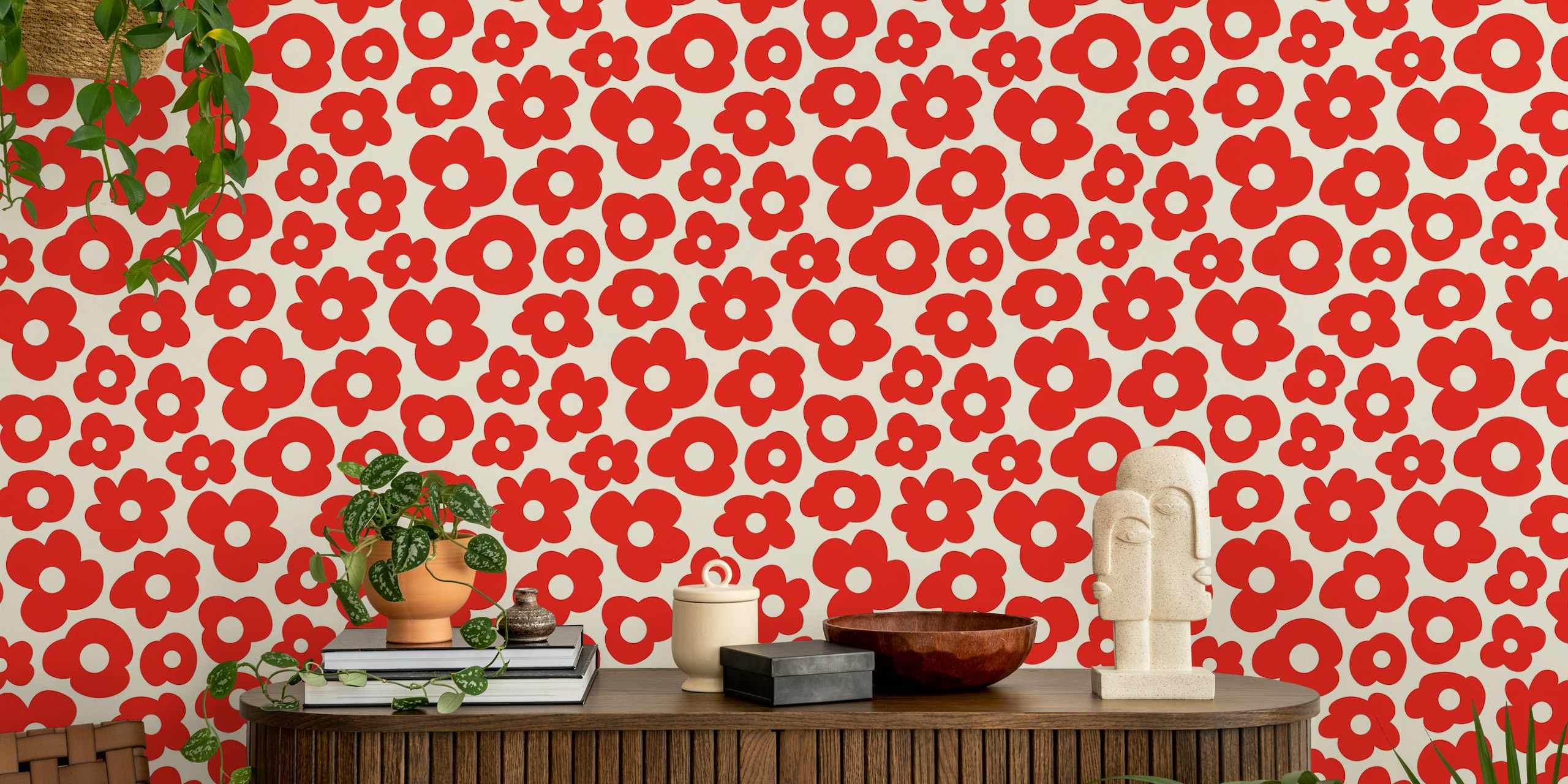 Hand drawn red flower wallpaper in a room