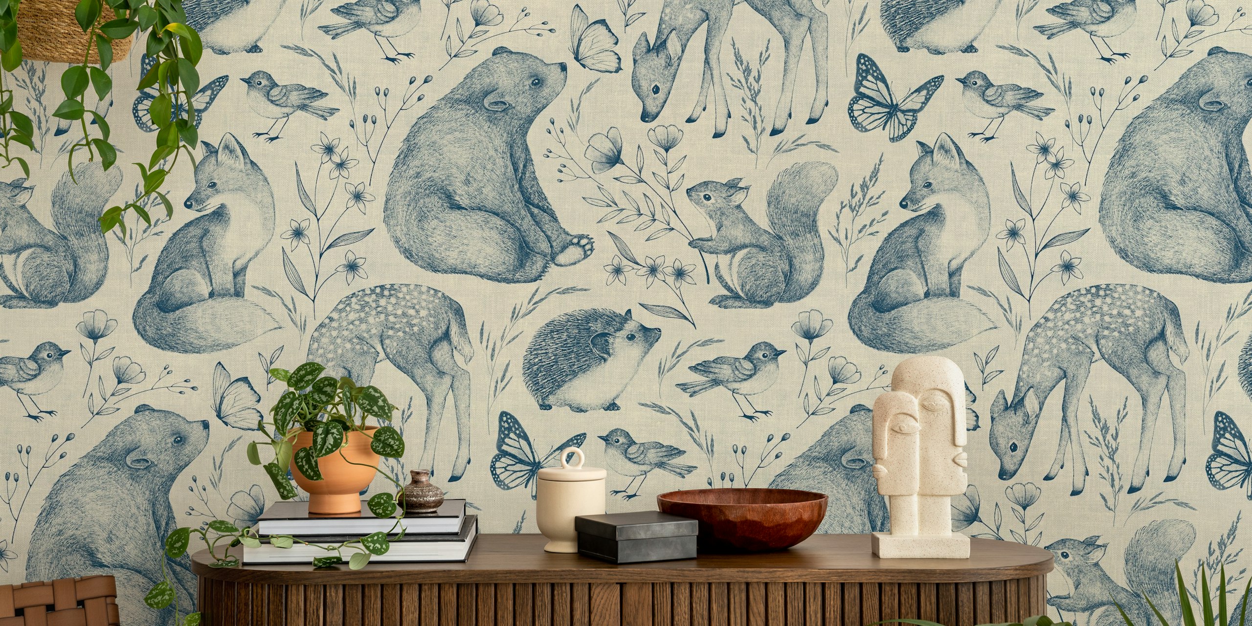 Blue and cream animal motifs including foxes, deer, and flowers wallpaper