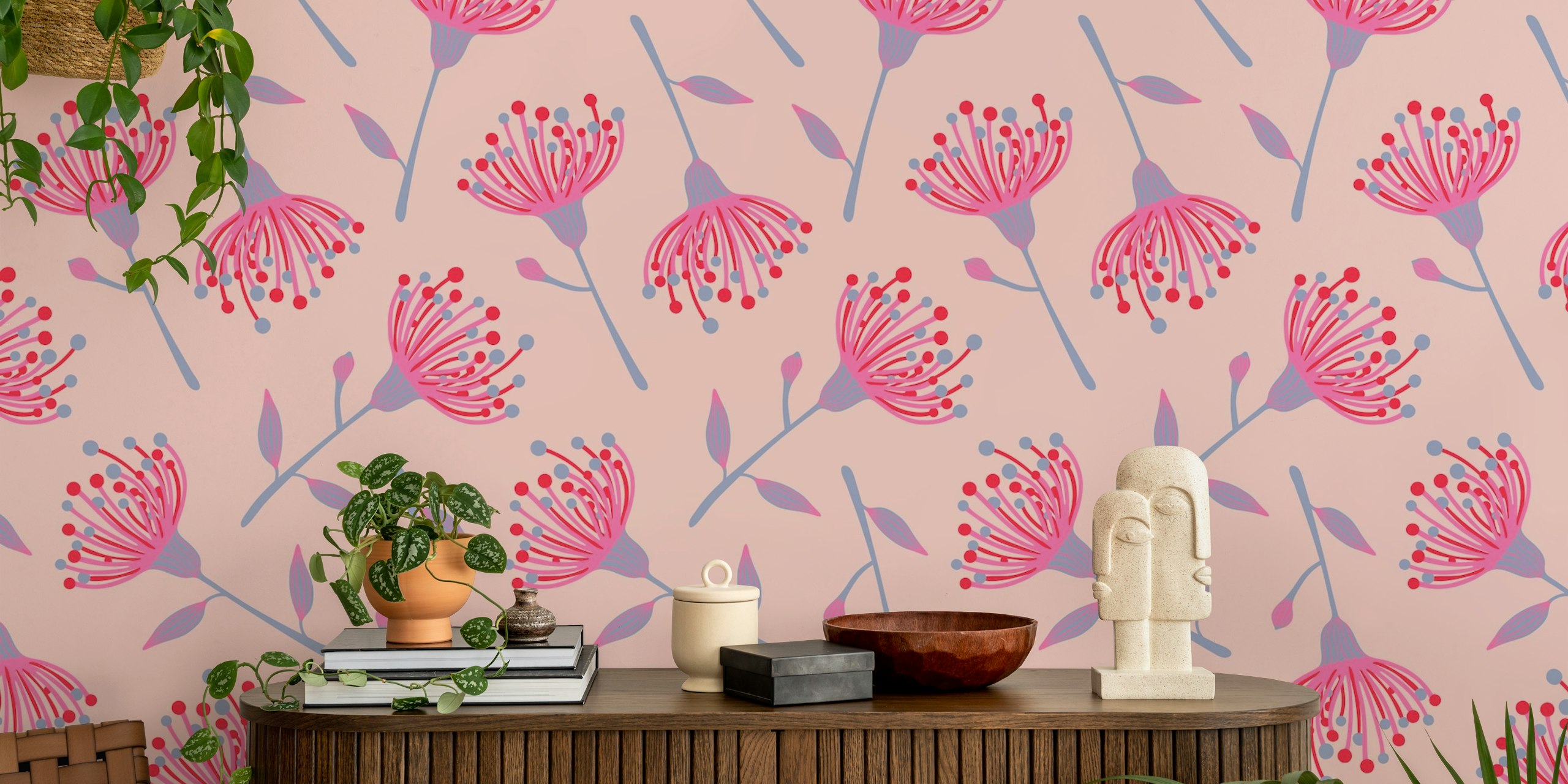 Eucalyptus Tossed Floral Wallpaper in a room