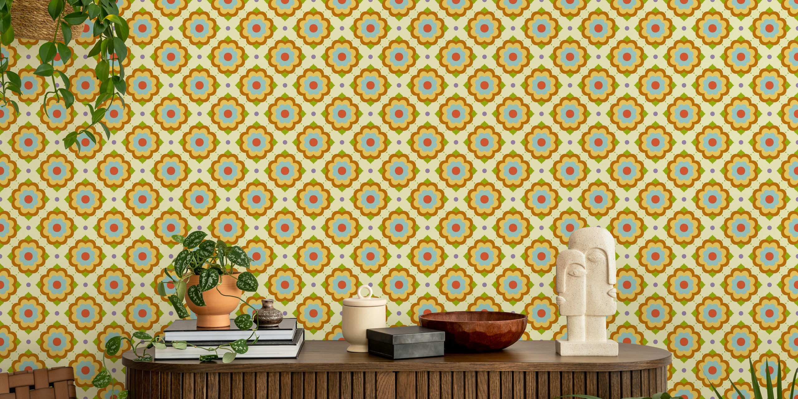 Bold 70s flowers tapetti huoneessa
