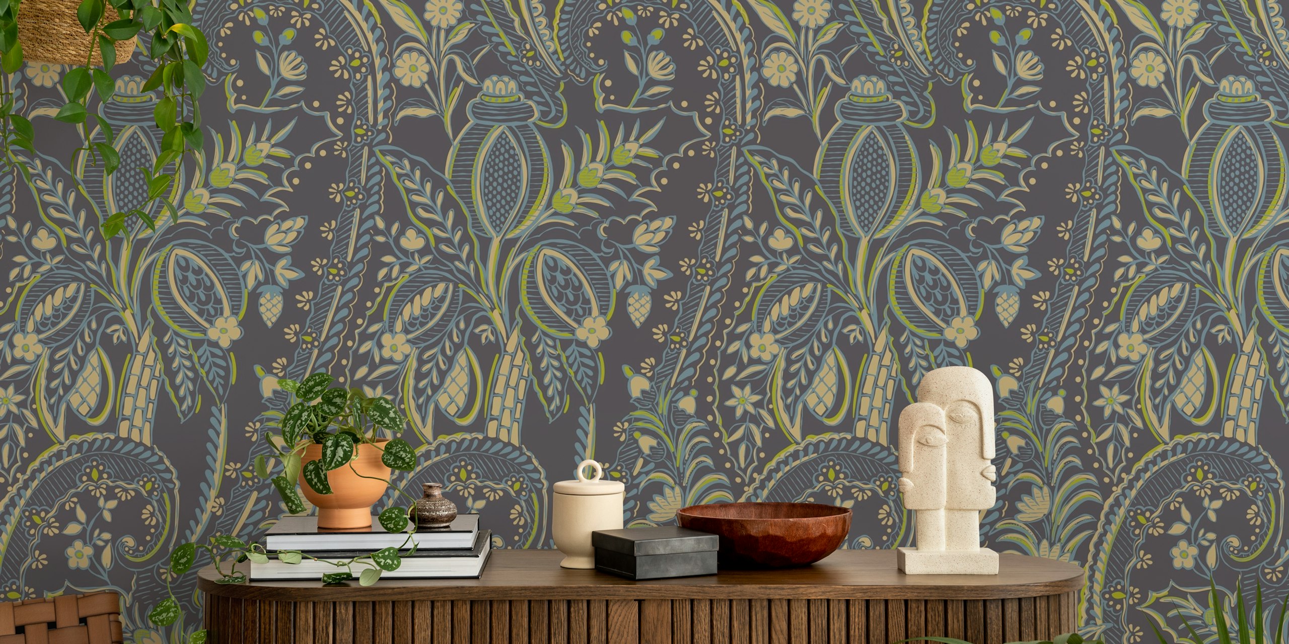 Bohemian Botanical harmony grey and blue tapet