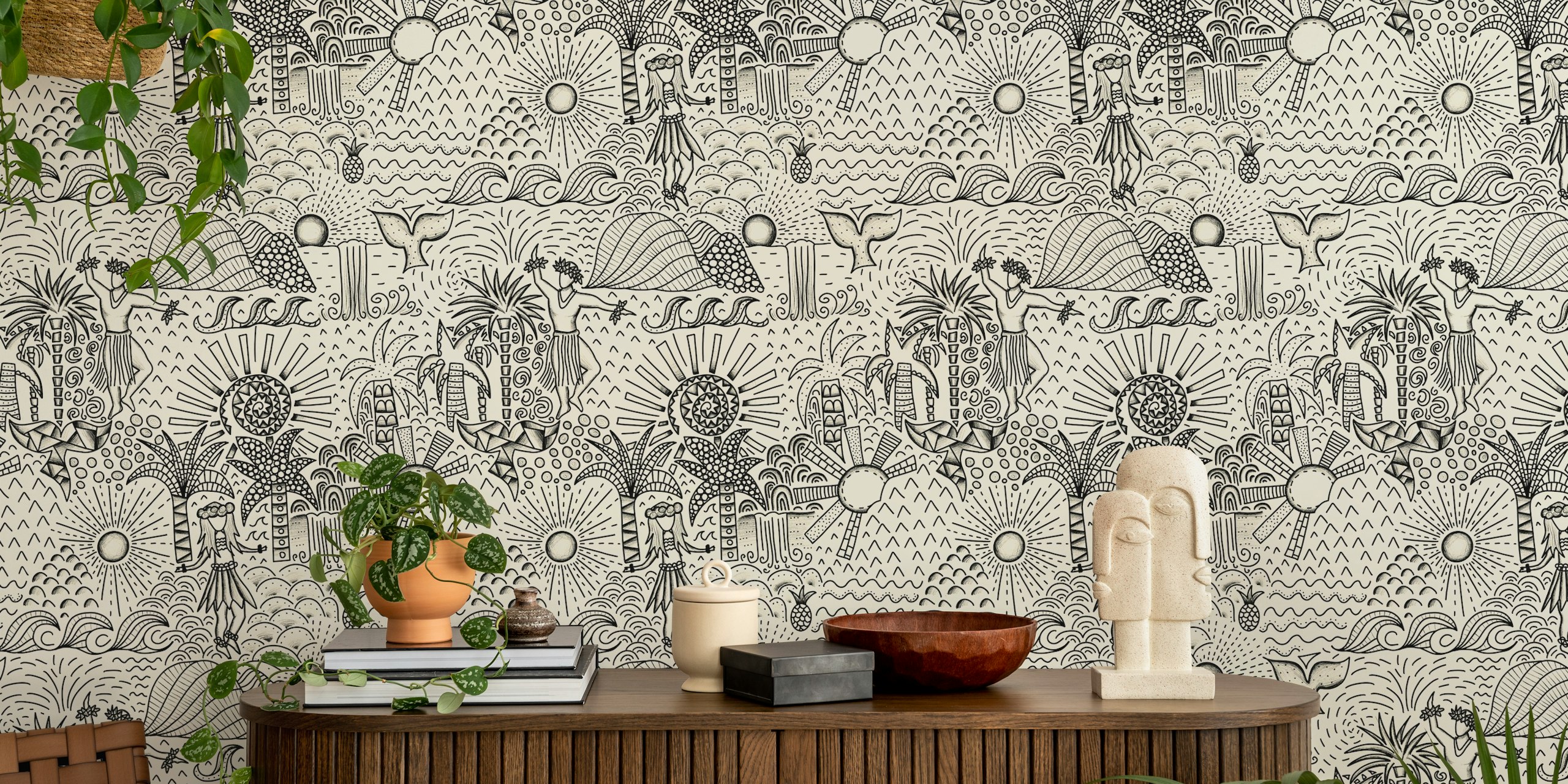Tropical scene wallpaper with hula dancers and palm trees in black on cream background.