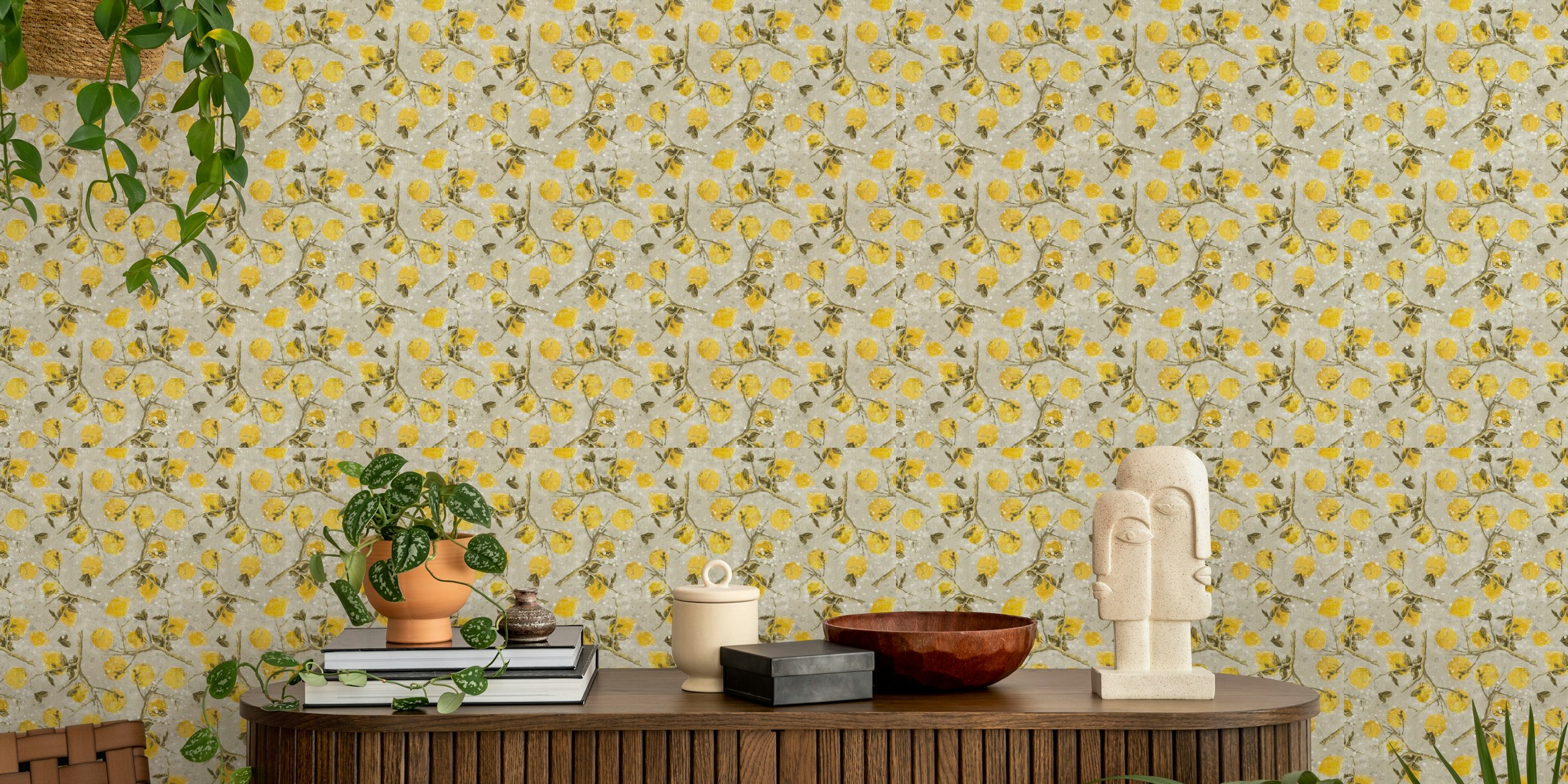 Lemon branches wallpaper design in a room