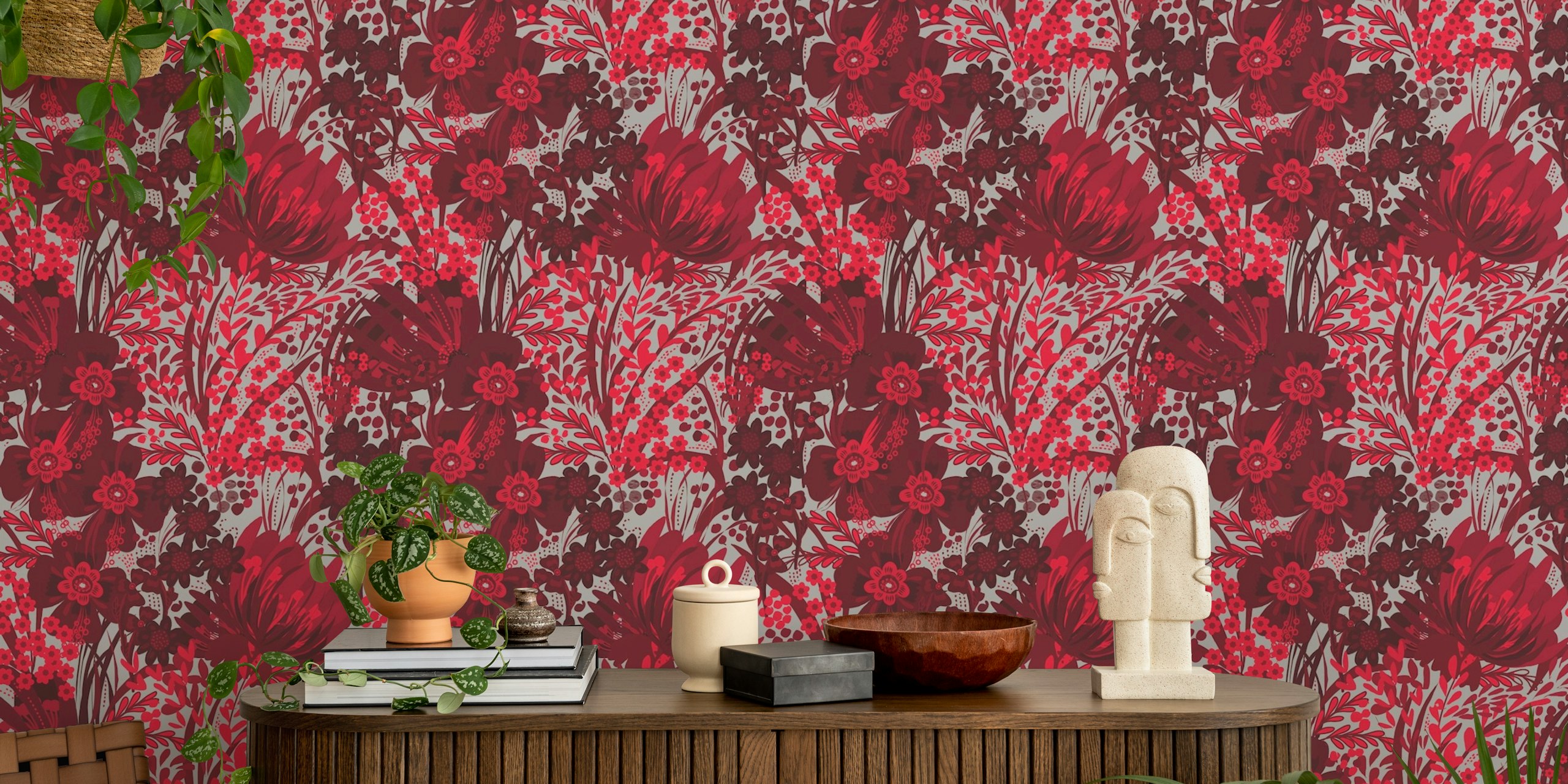 vibrant red floral pattern wallpaper with intricate flowers and foliage