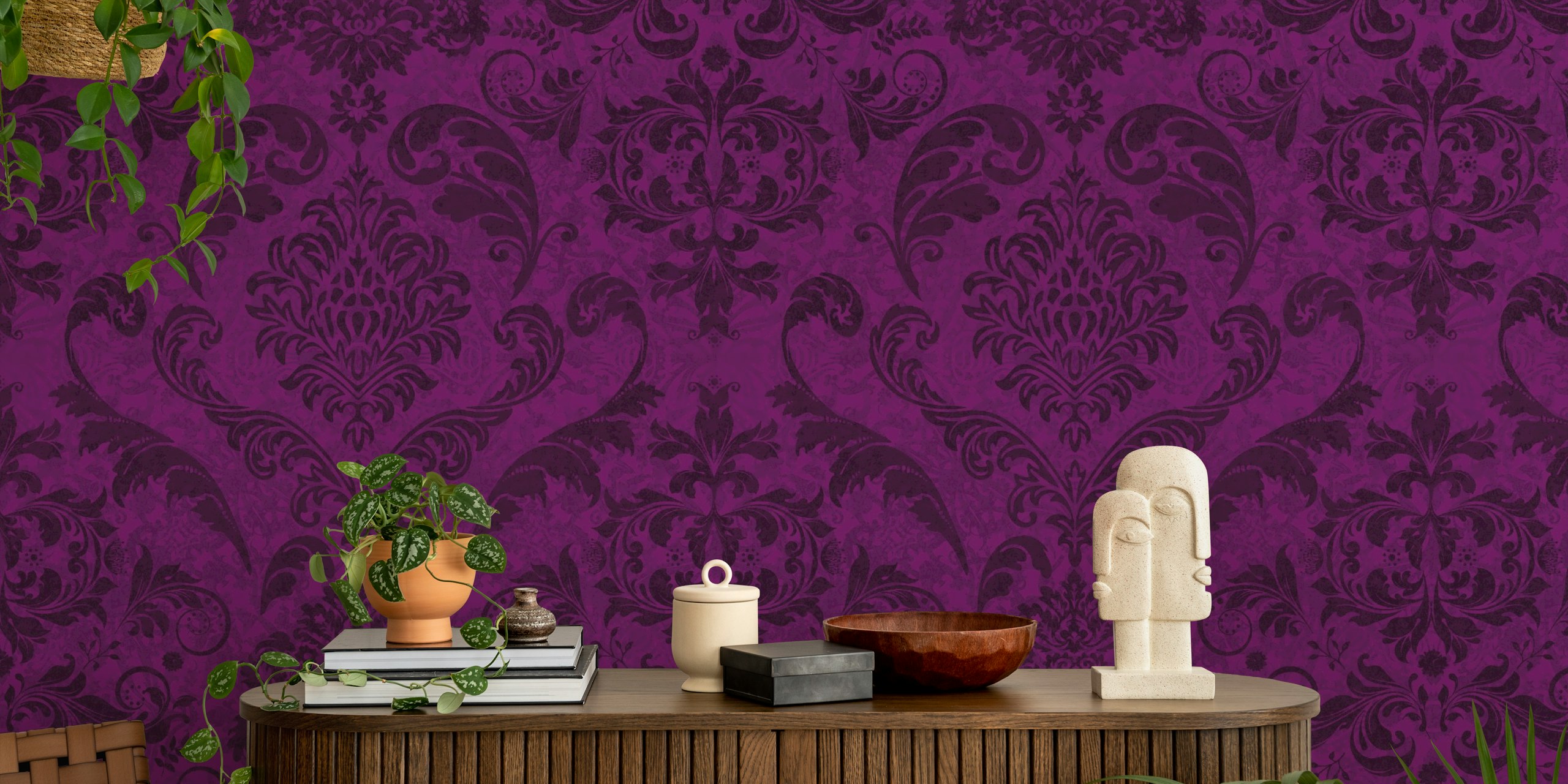 Tapeta Baroque Purple Royale Vintage Damask w pokoju