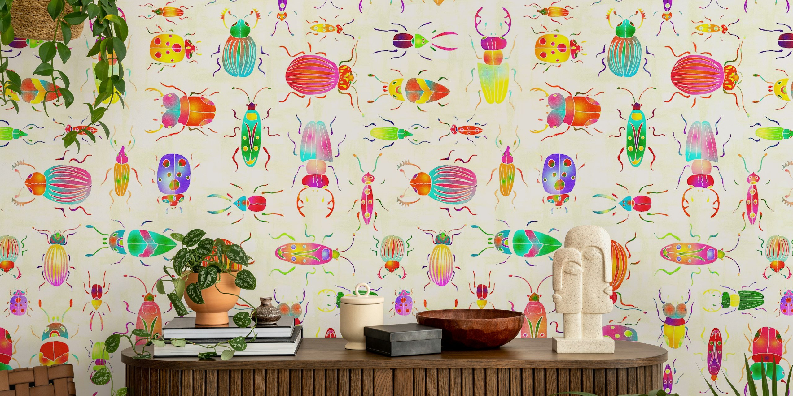 Colorful beetles in various shapes, bright colors, playful design wallpaper