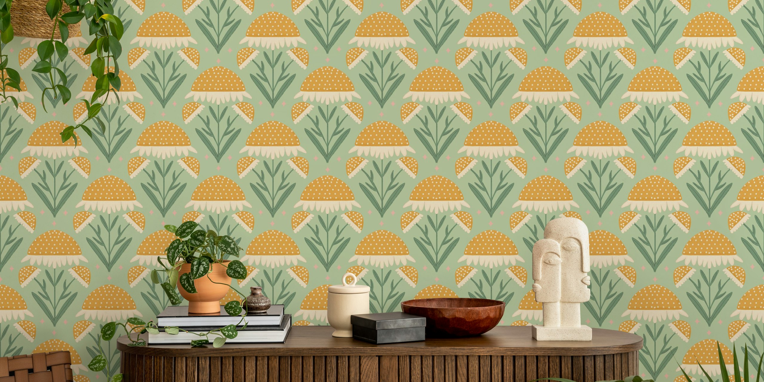 Yellow spotted mushrooms and green leaves floral design wallpaper