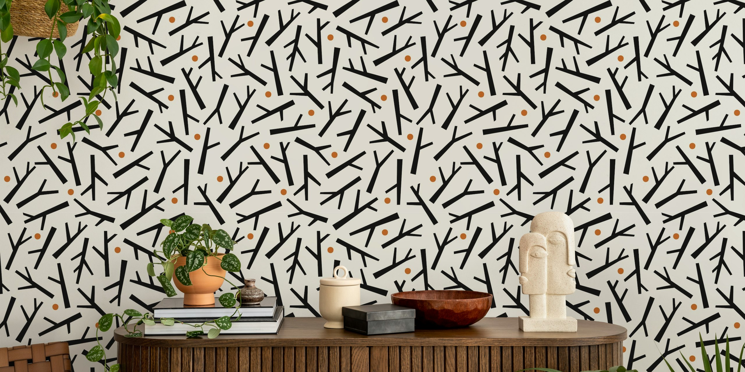 Black and white twigs tapetti huoneessa