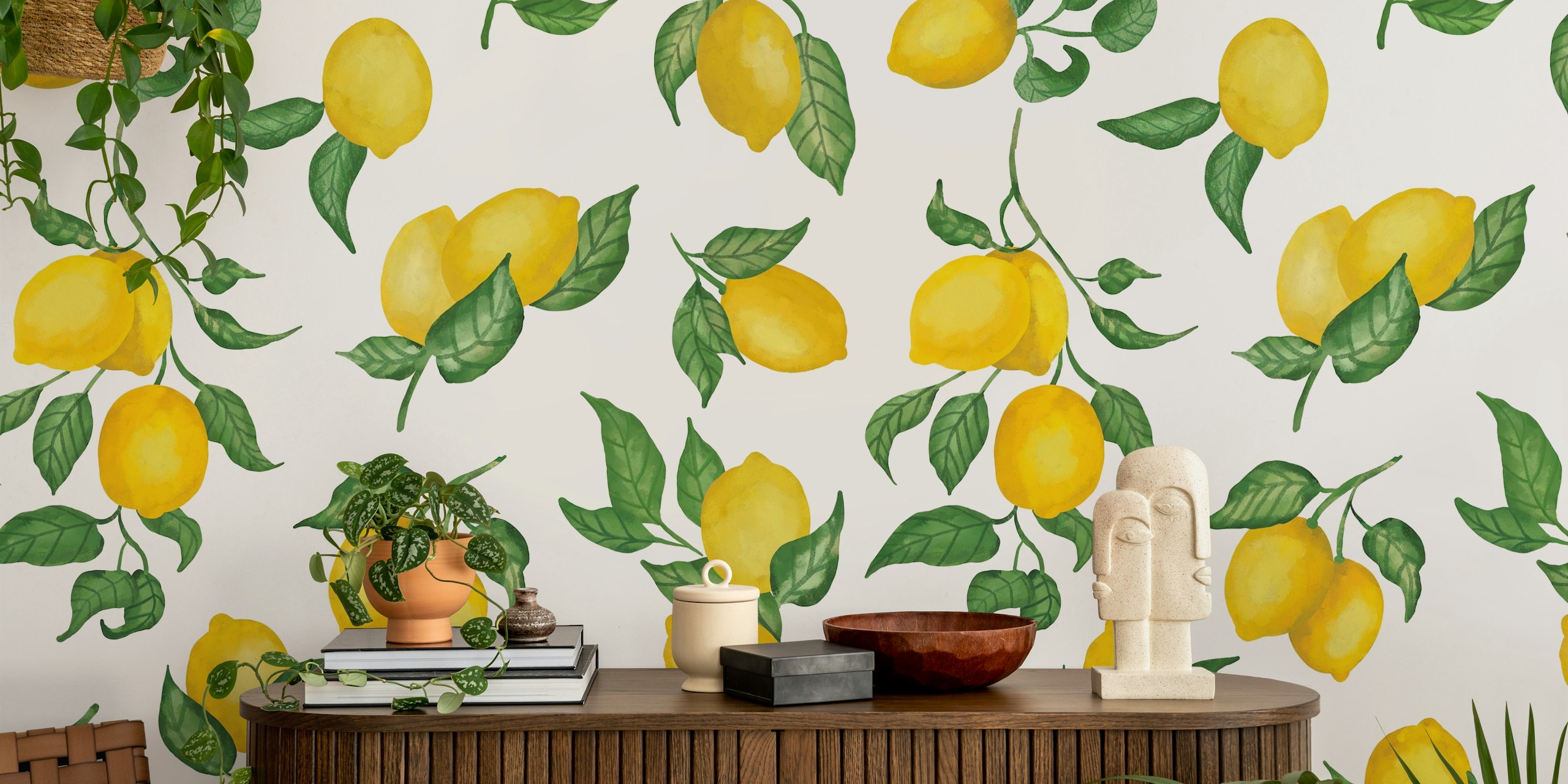 Lemons with green leaves on a white background wallpaper