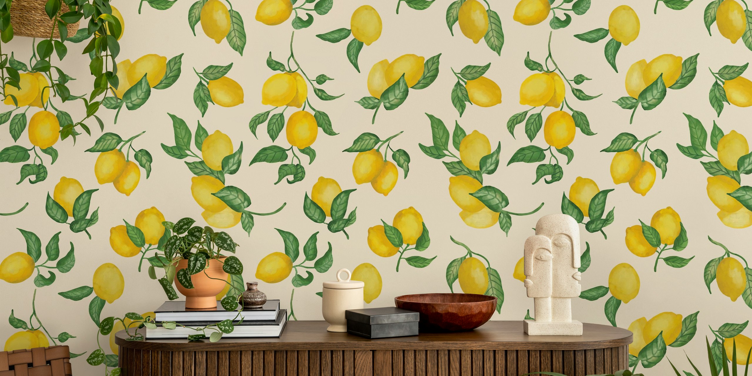 Lemon and leaf pattern on pastel ivory background wallpaper