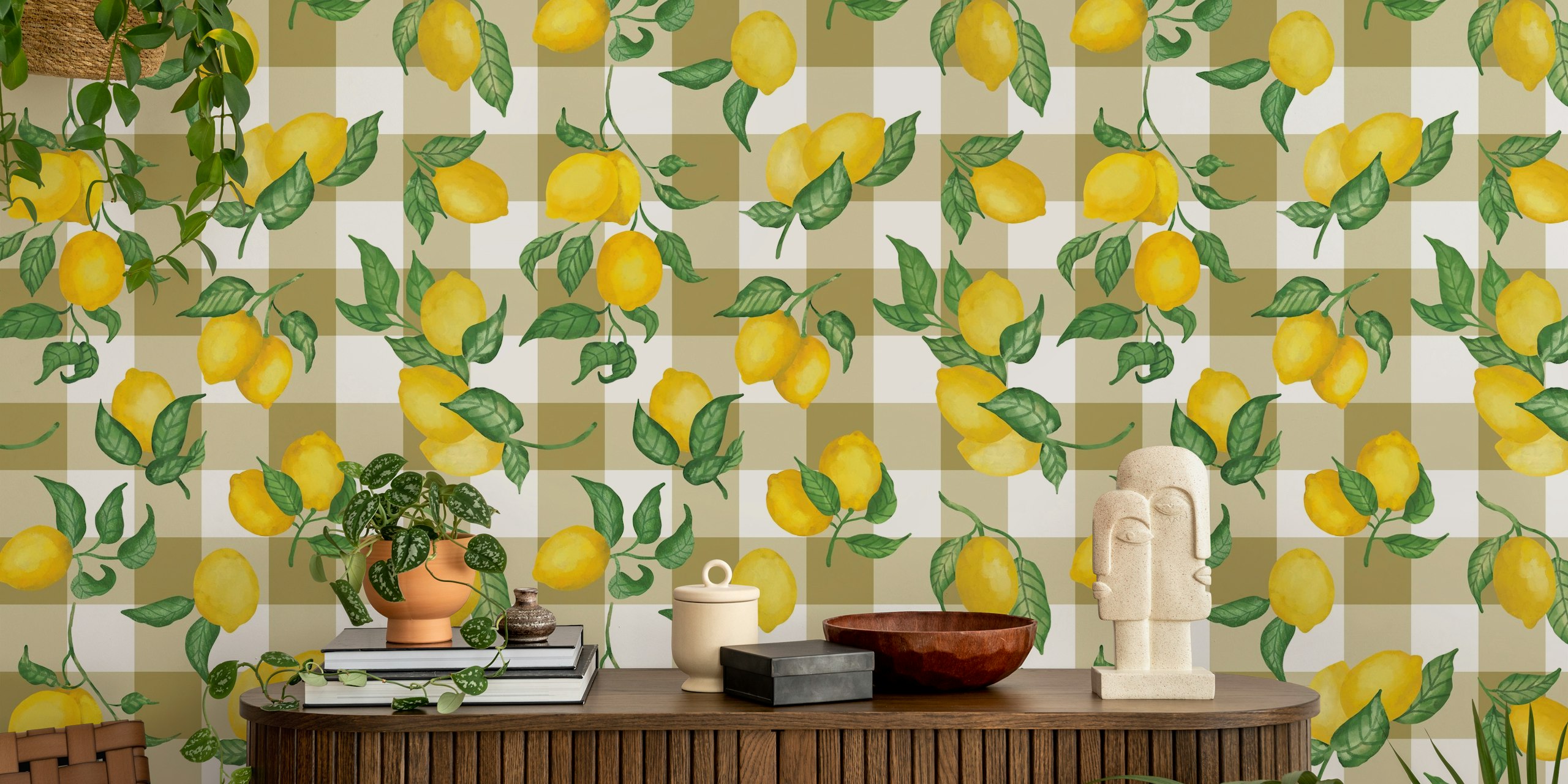 Lemon branches with green leaves on a bronze gingham background wallpaper