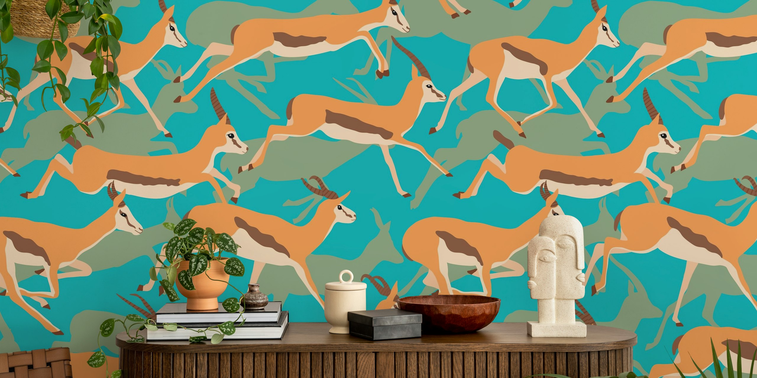 Running Gazelles behang in de woonkamer
