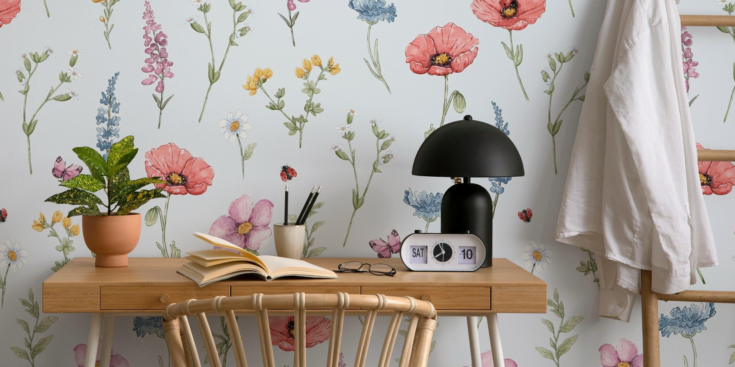 Colorful flowers like poppies and daisies on light blue wallpaper
