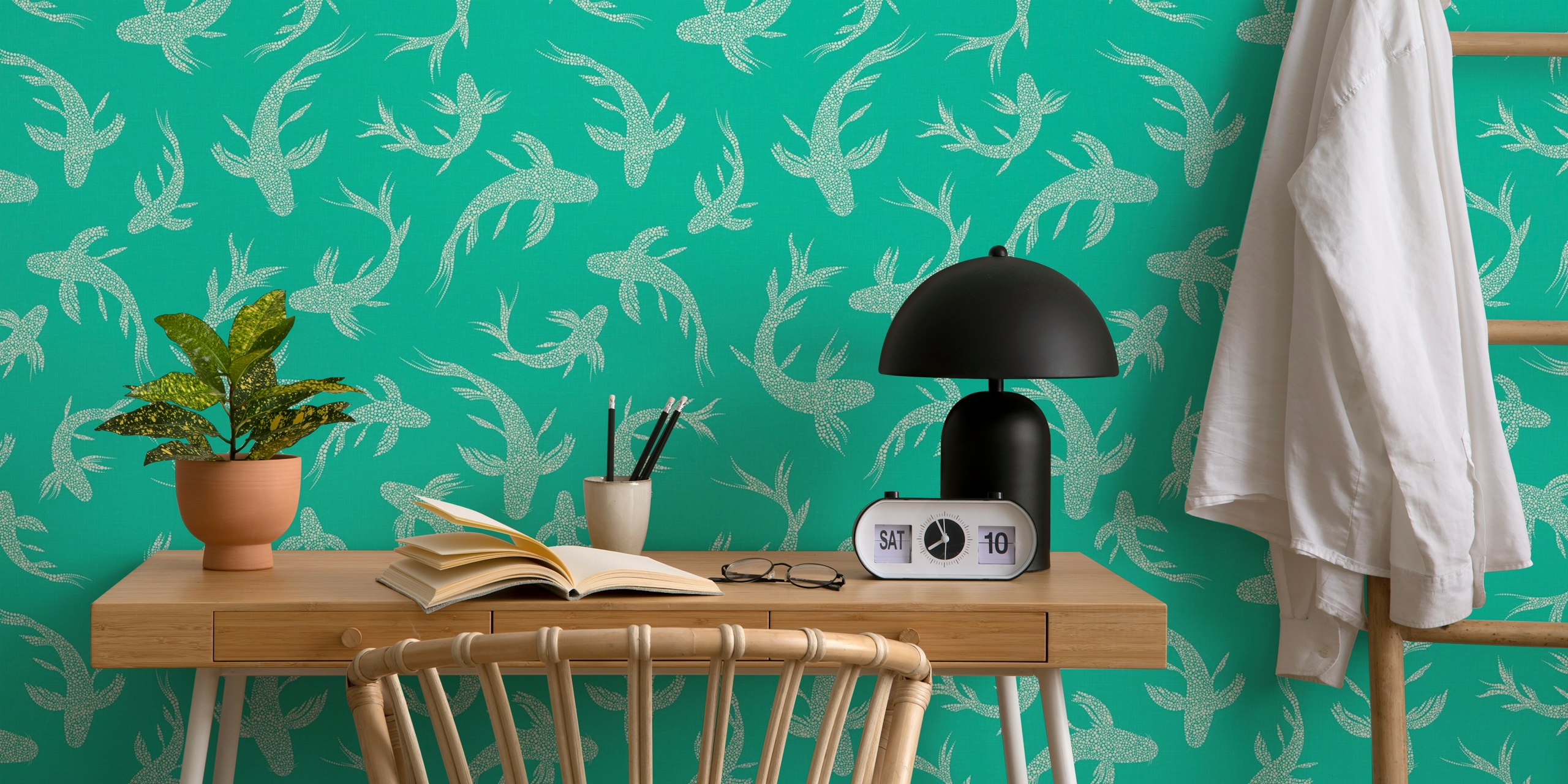 Aqua green wallpaper featuring koi fish in white, whimsical design