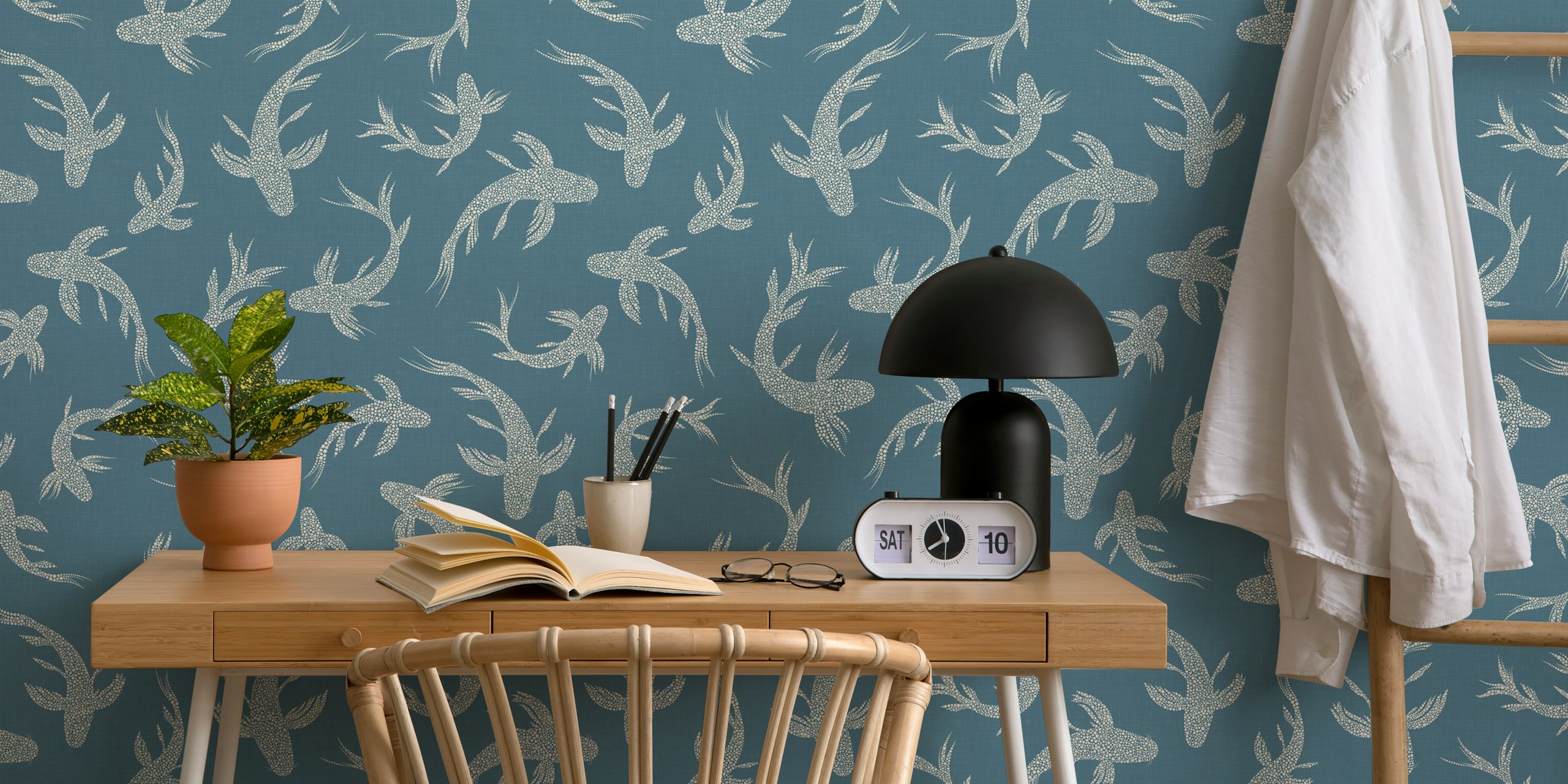 Japanese Koi Ponds Glam Aegean Blue wallpaper in room