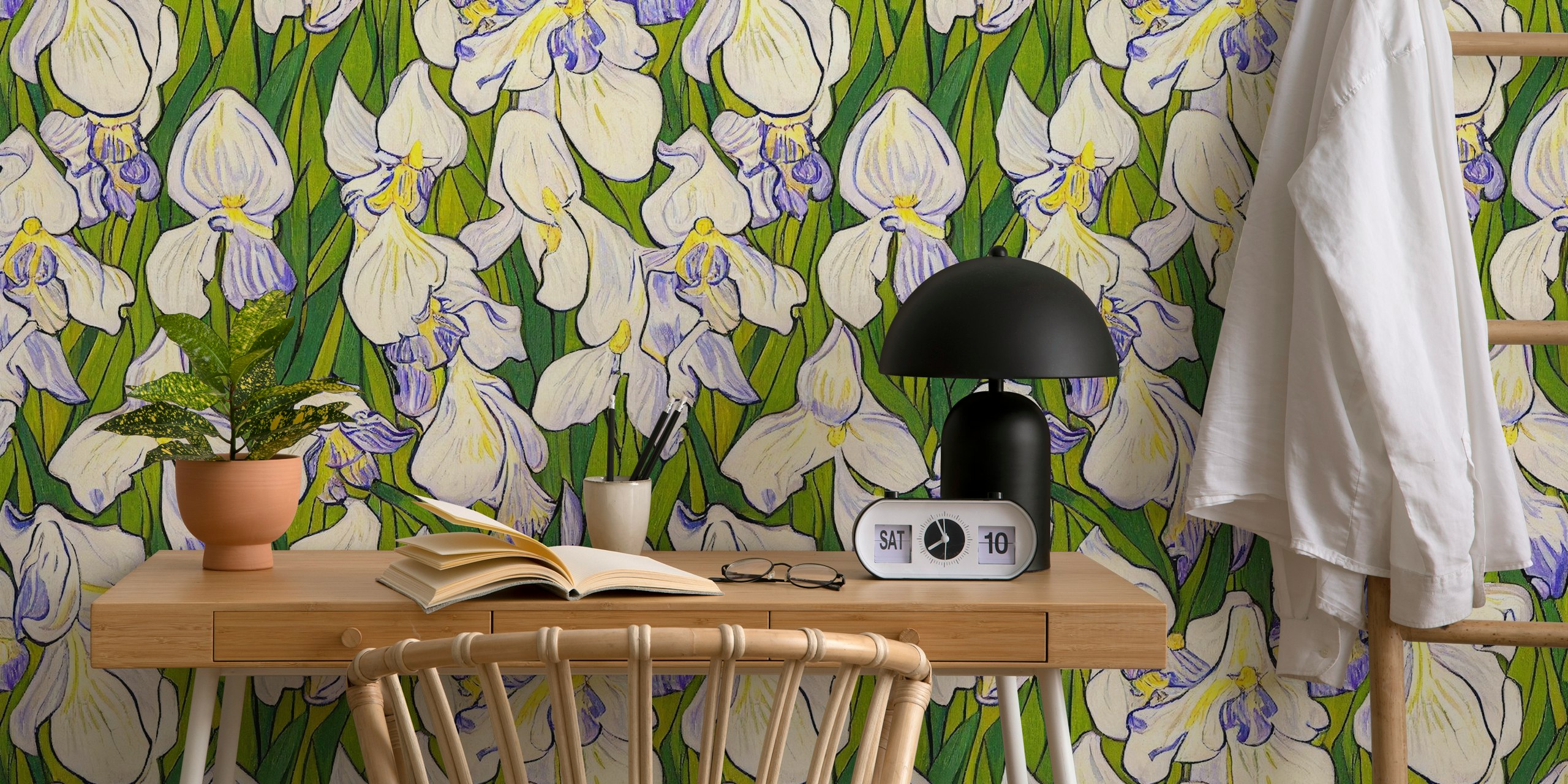 White iris flowers with green foliage wallpaper