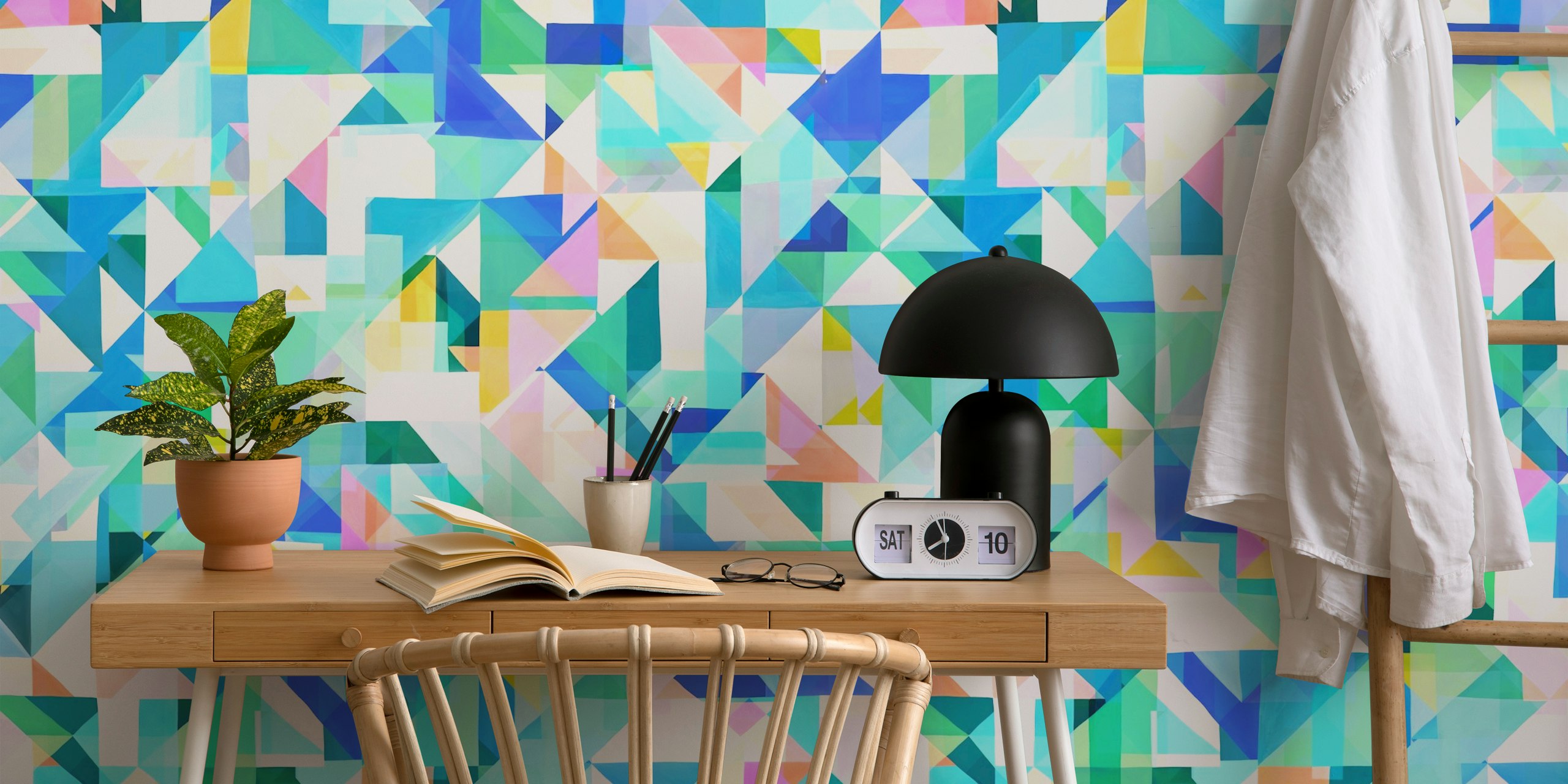 Colorful geometric triangles in blue and pastel tones wallpaper