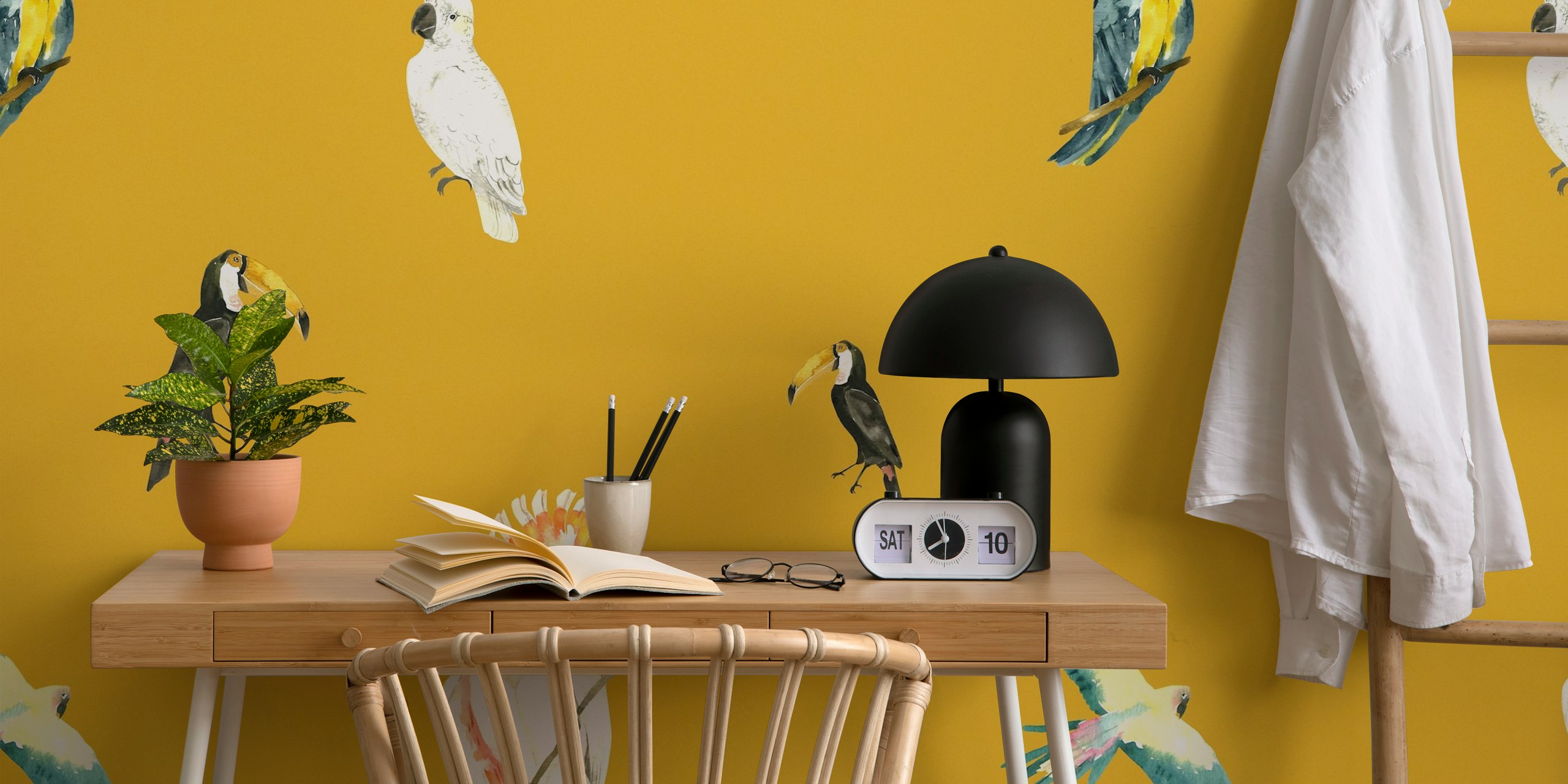 Vibrant bird paradise wallpaper in a room