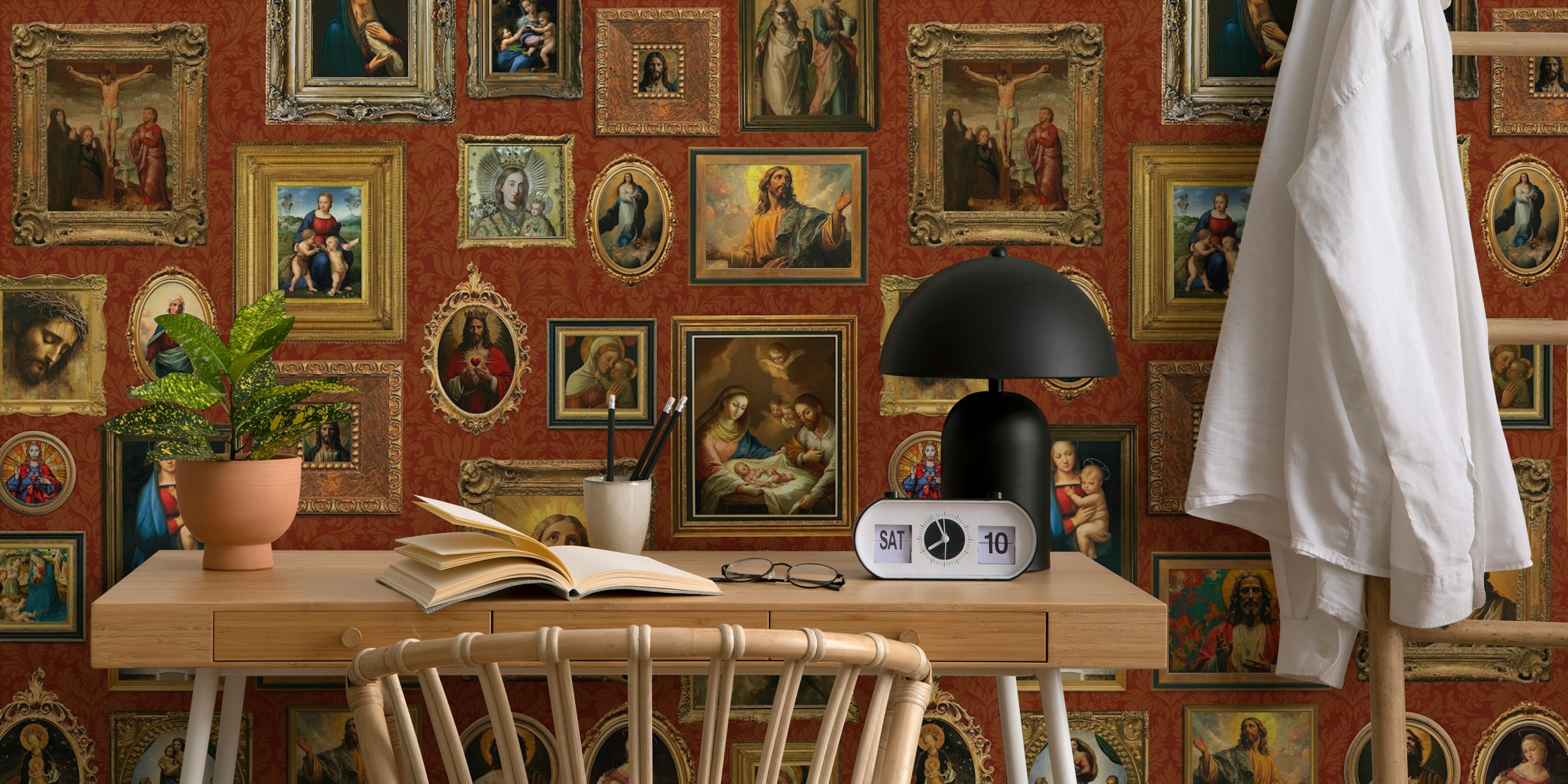 Classic religious art framed portraits in various shapes and sizes on a red background wallpaper.
