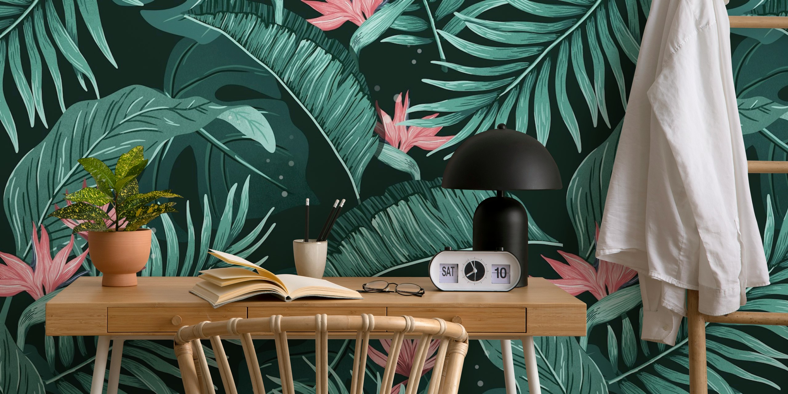 Tropical green leaves and pink flowers wallpaper