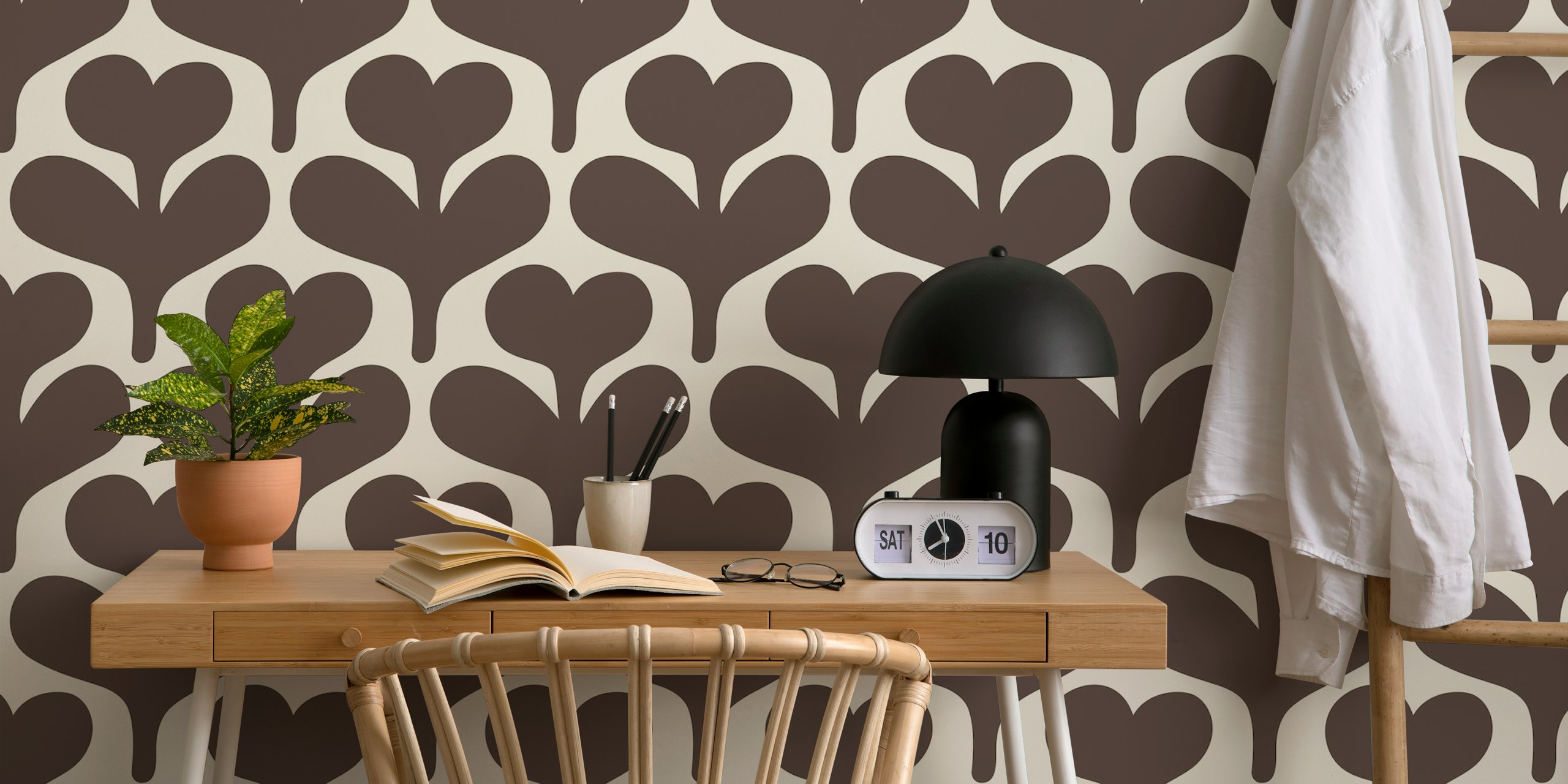 Brown heart floral silhouettes pattern wallpaper