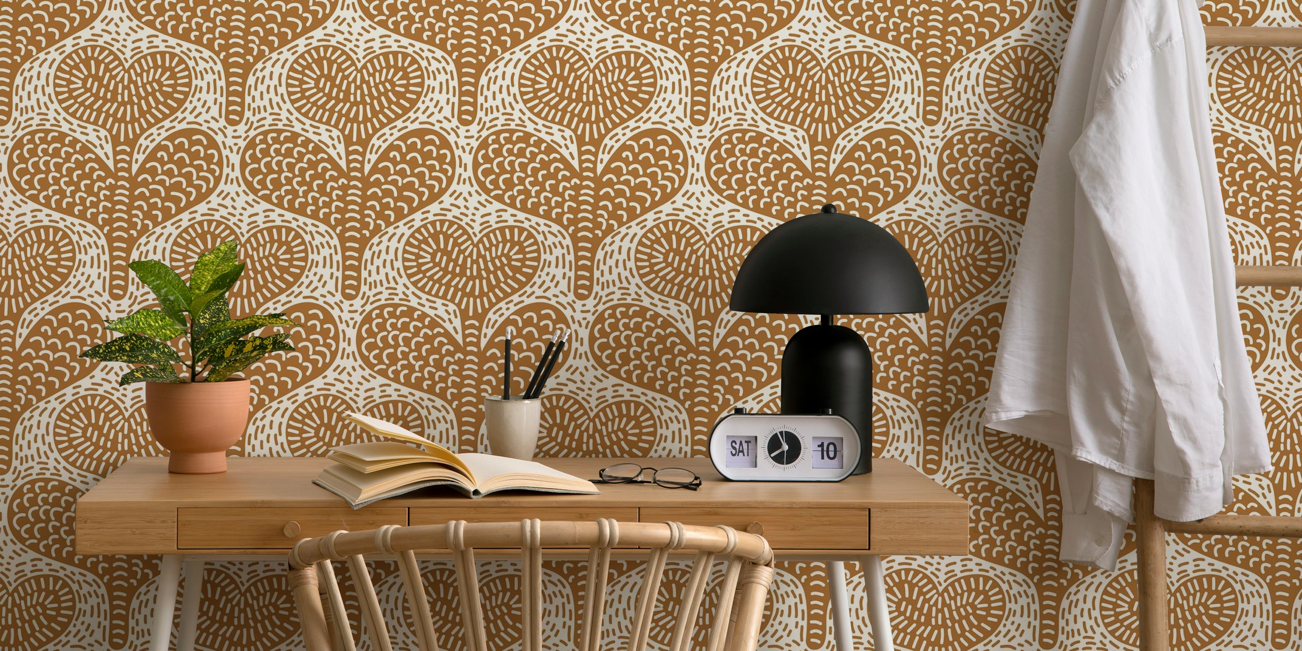 Brown heart and flower pattern wallpaper with white details