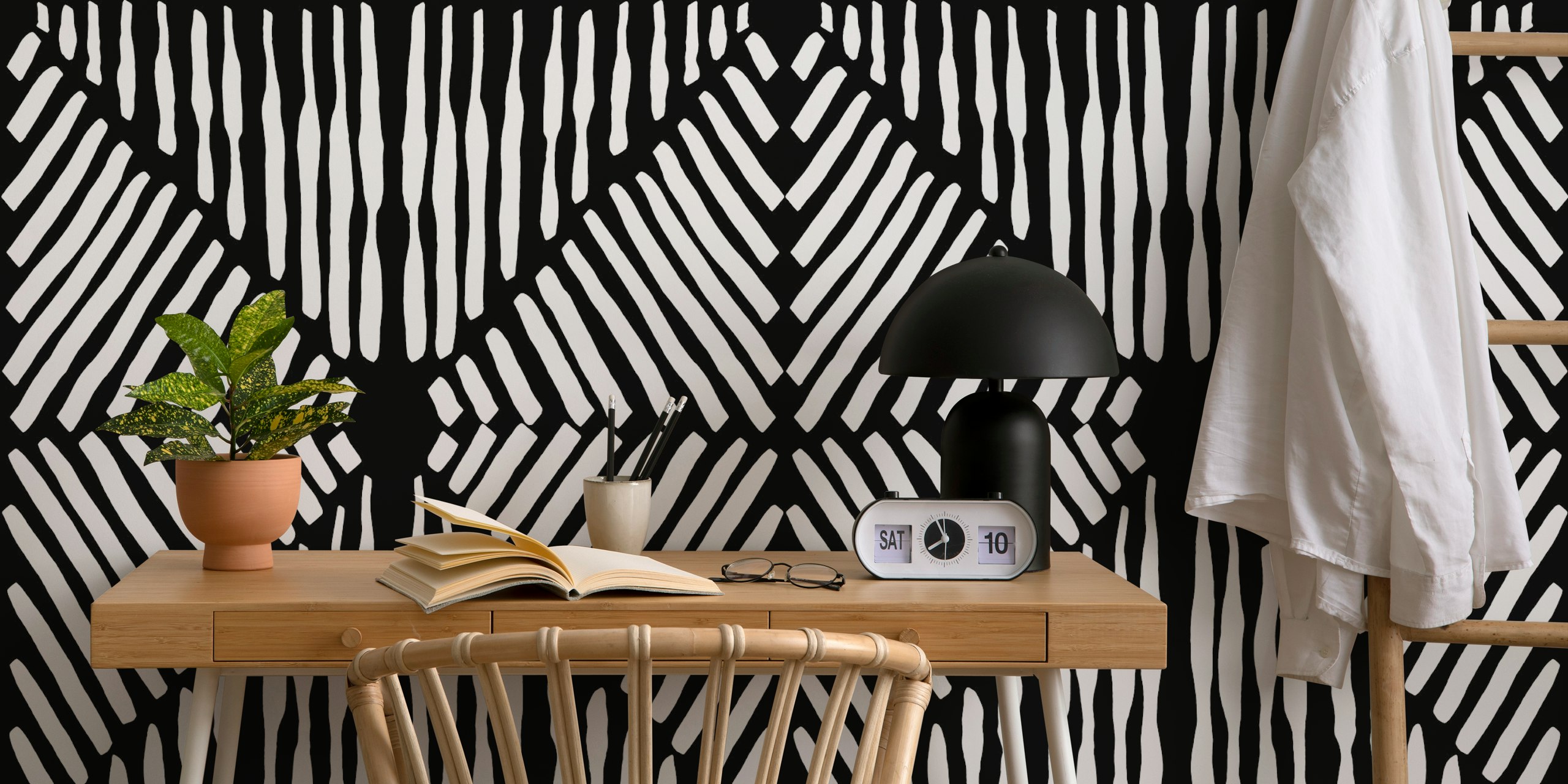 Black and white striped tribal pattern wallpaper