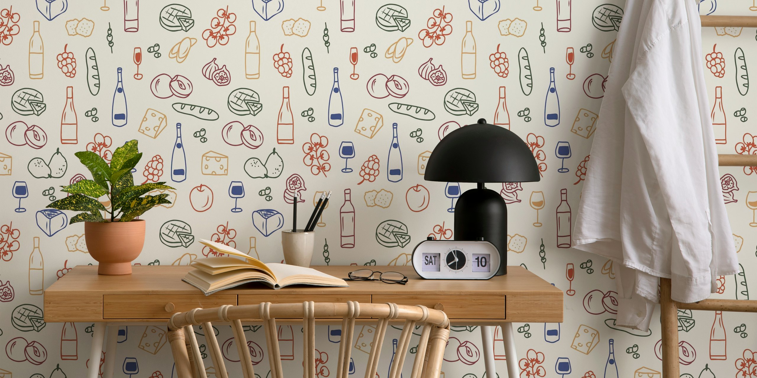Wine bottles, cheese, and grapes doodle wallpaper in warm colors.