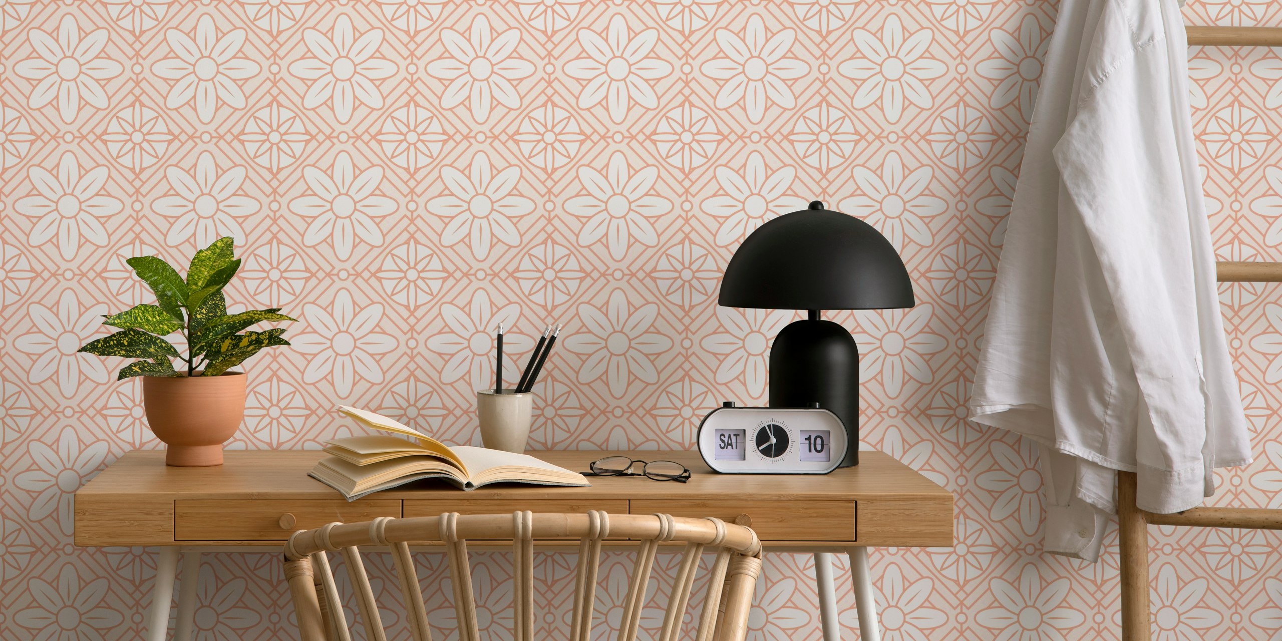 Blush Pink Floral Tiles wallpaper in a room