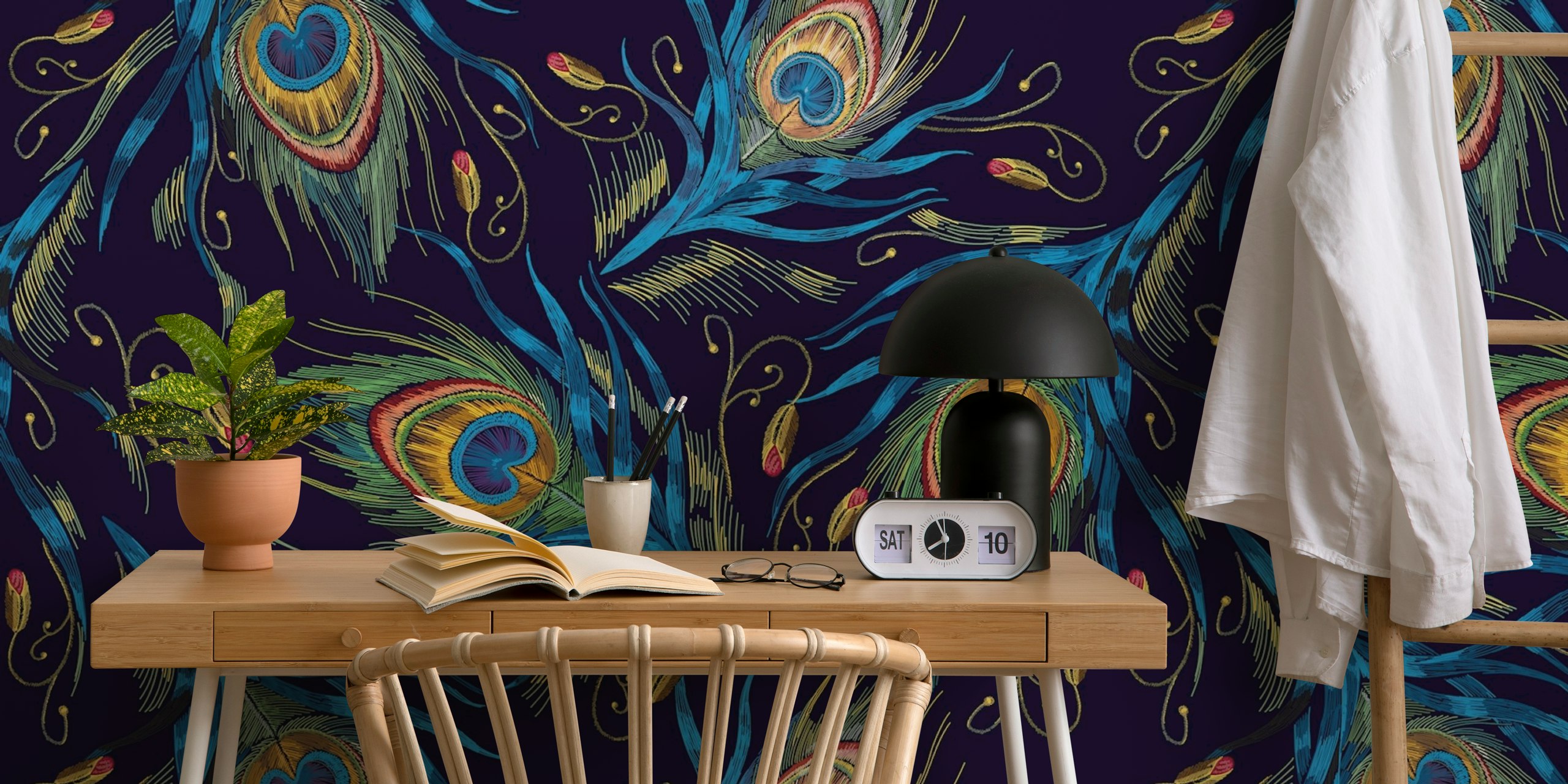 Floral peacock feathers in green and blue tones on dark wallpaper
