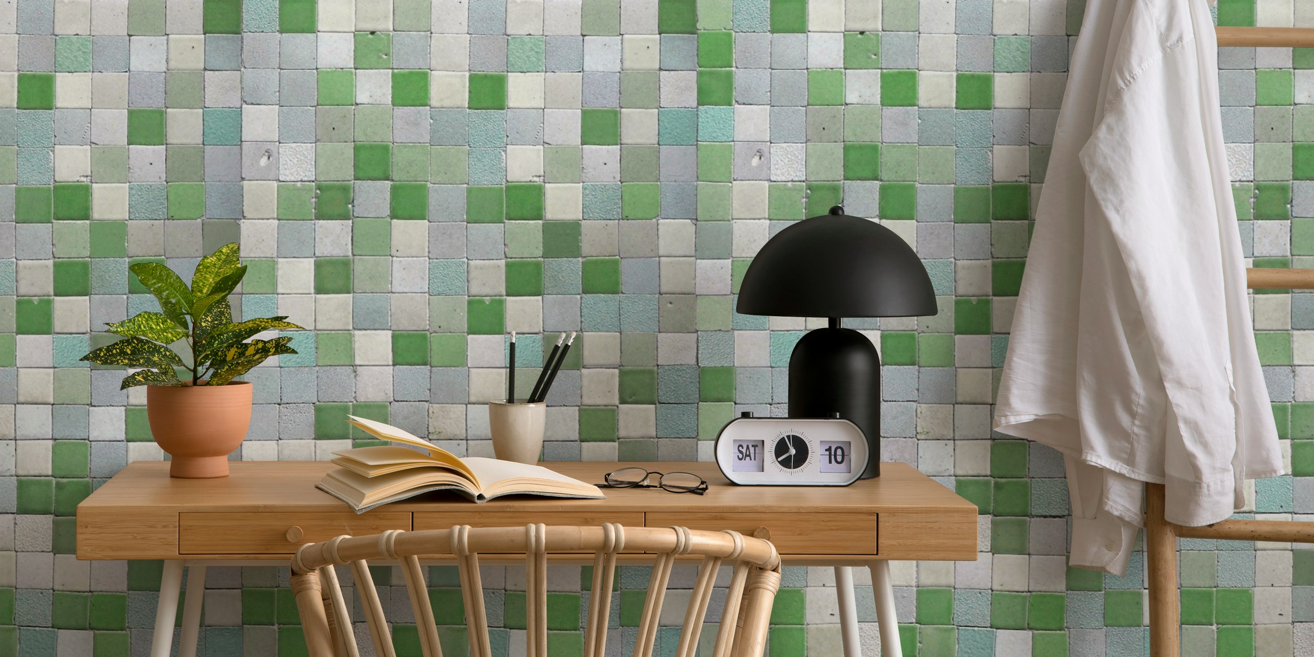 Green vintage tile art wallpaper featuring a patchwork of green and gray tiles