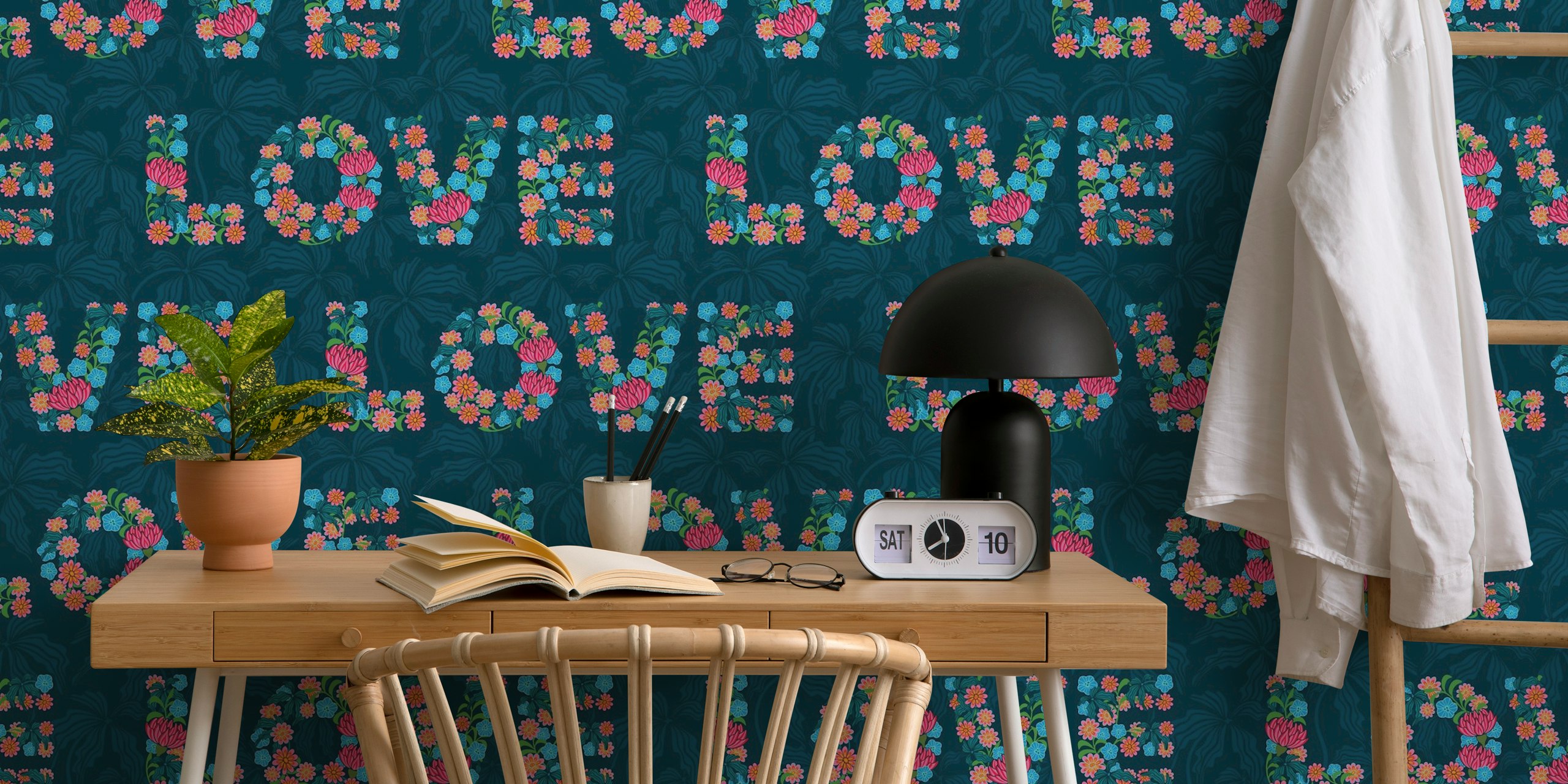 Flowered Love Floral Lettering Pattern Blue Tapete