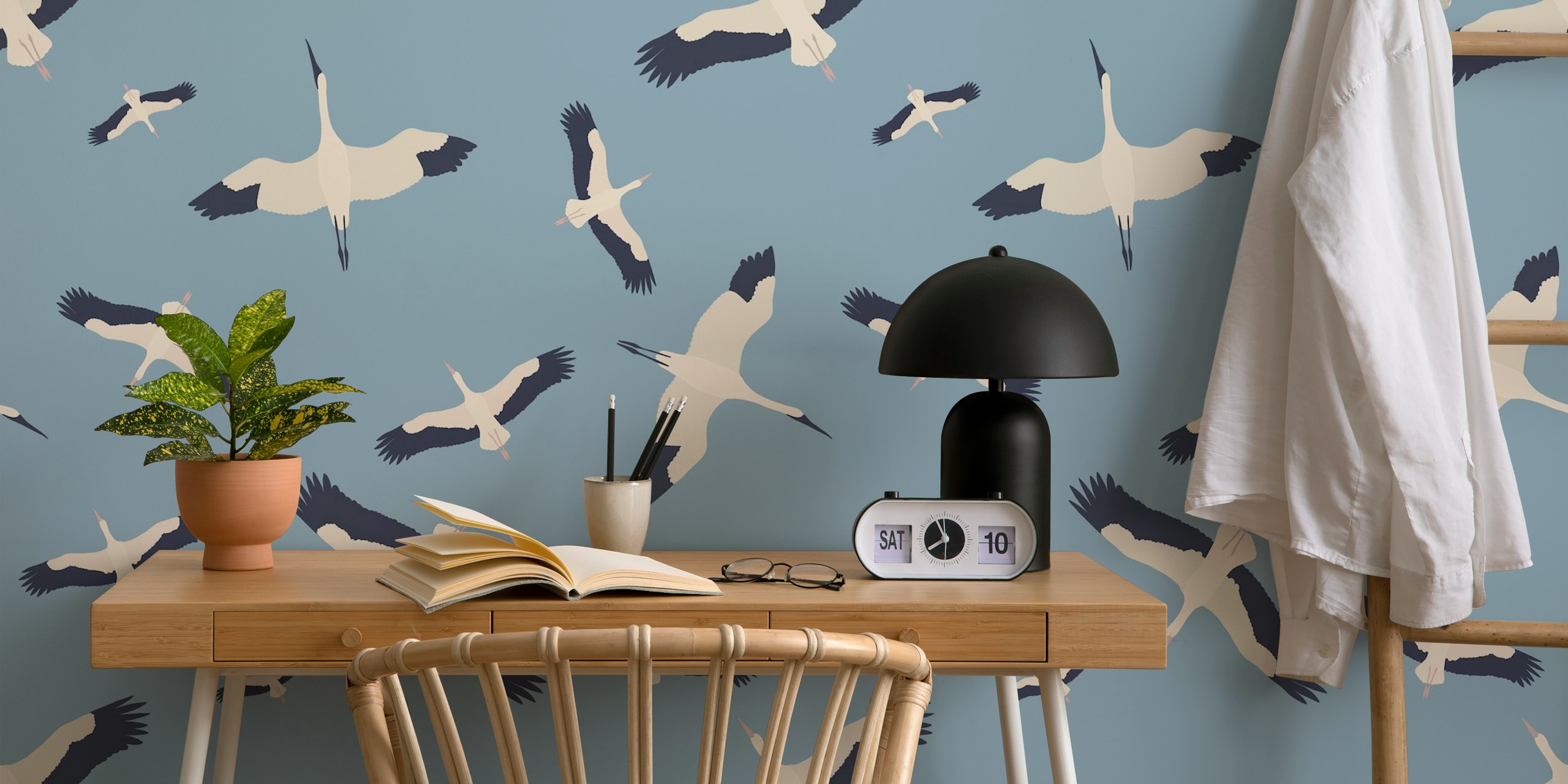 Cranes in flight with blue background wallpaper