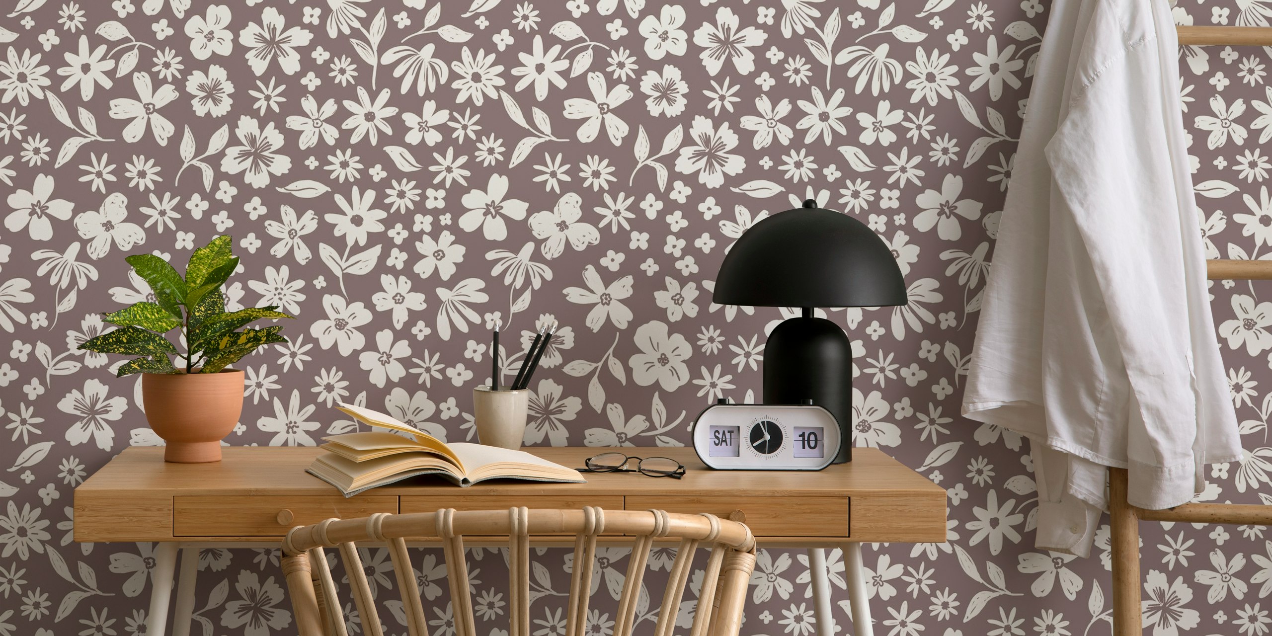 Organic Hand Drawn Wildflower Mocha Brown wallpaper in a room