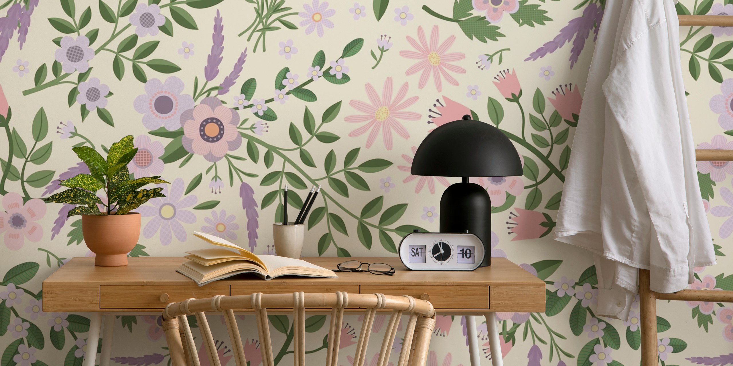 Summer Lavender and Daisies floral wallpaper in a room