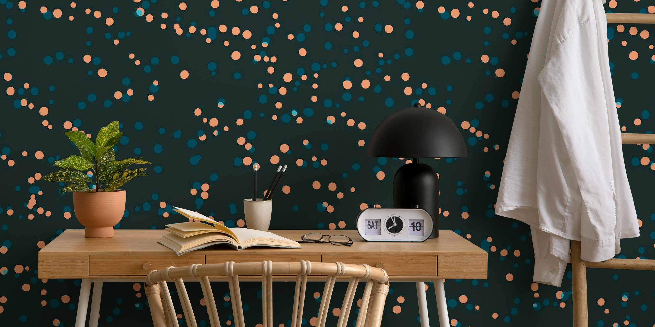 Celestial blue and peach polka dot wallpaper