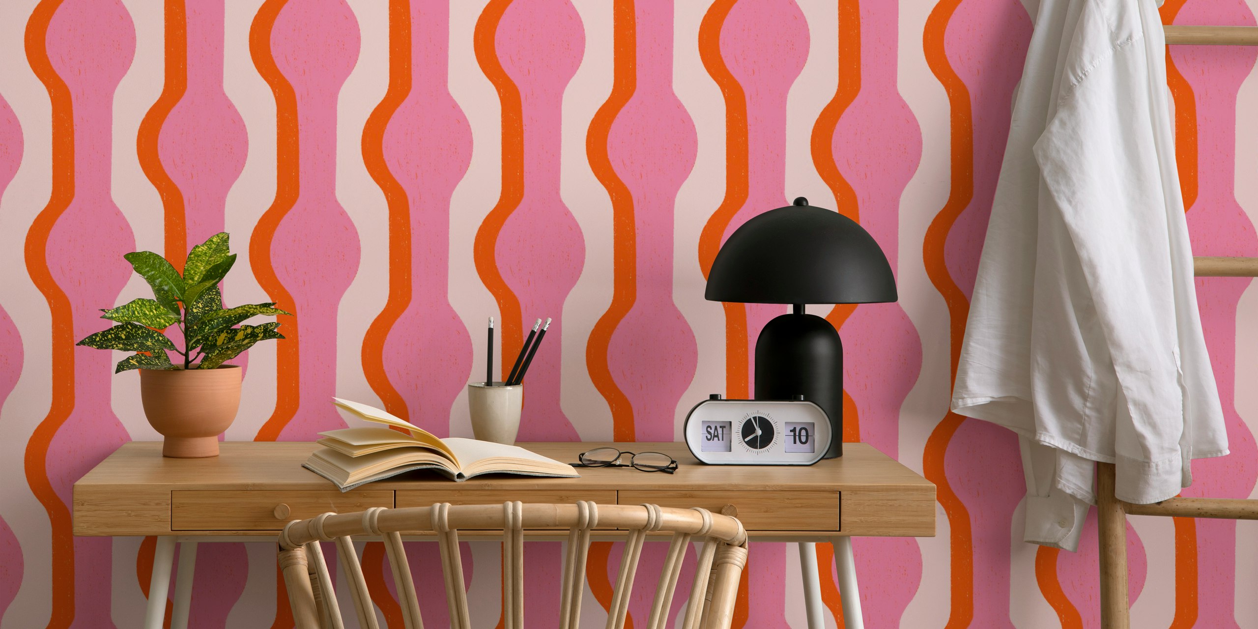 Bold pink and orange wavy striped wallpaper