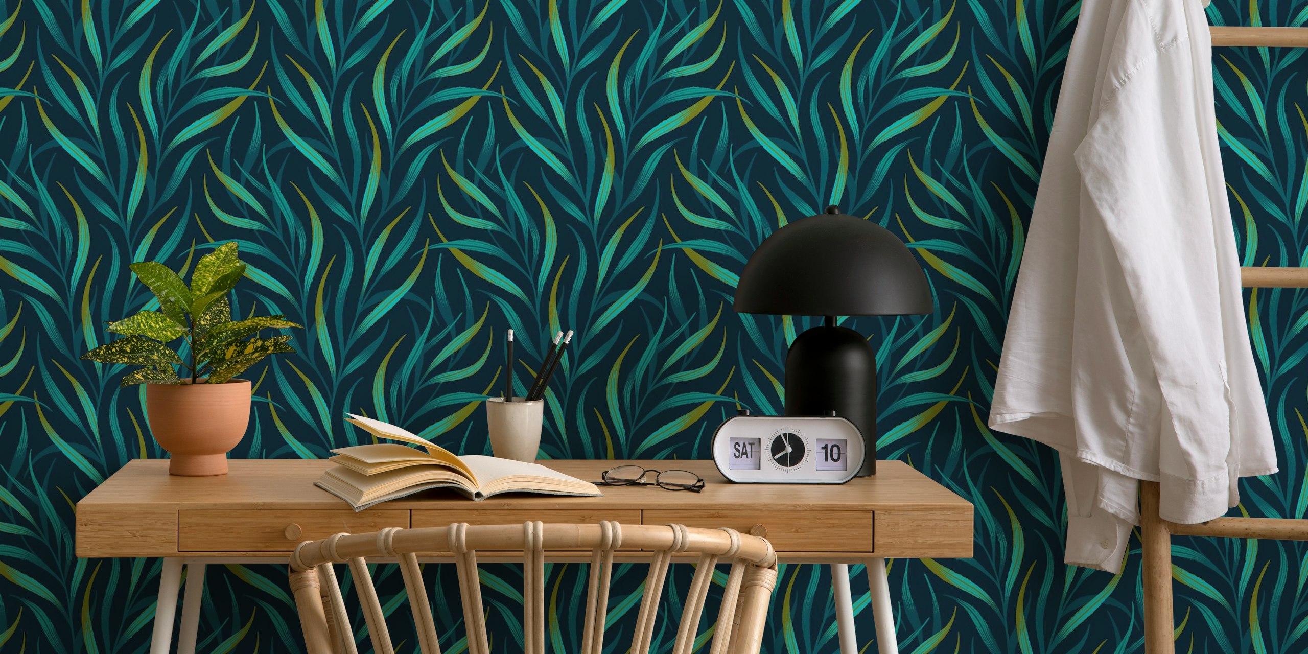 Emerald green and teal wavy frond patterns wallpaper