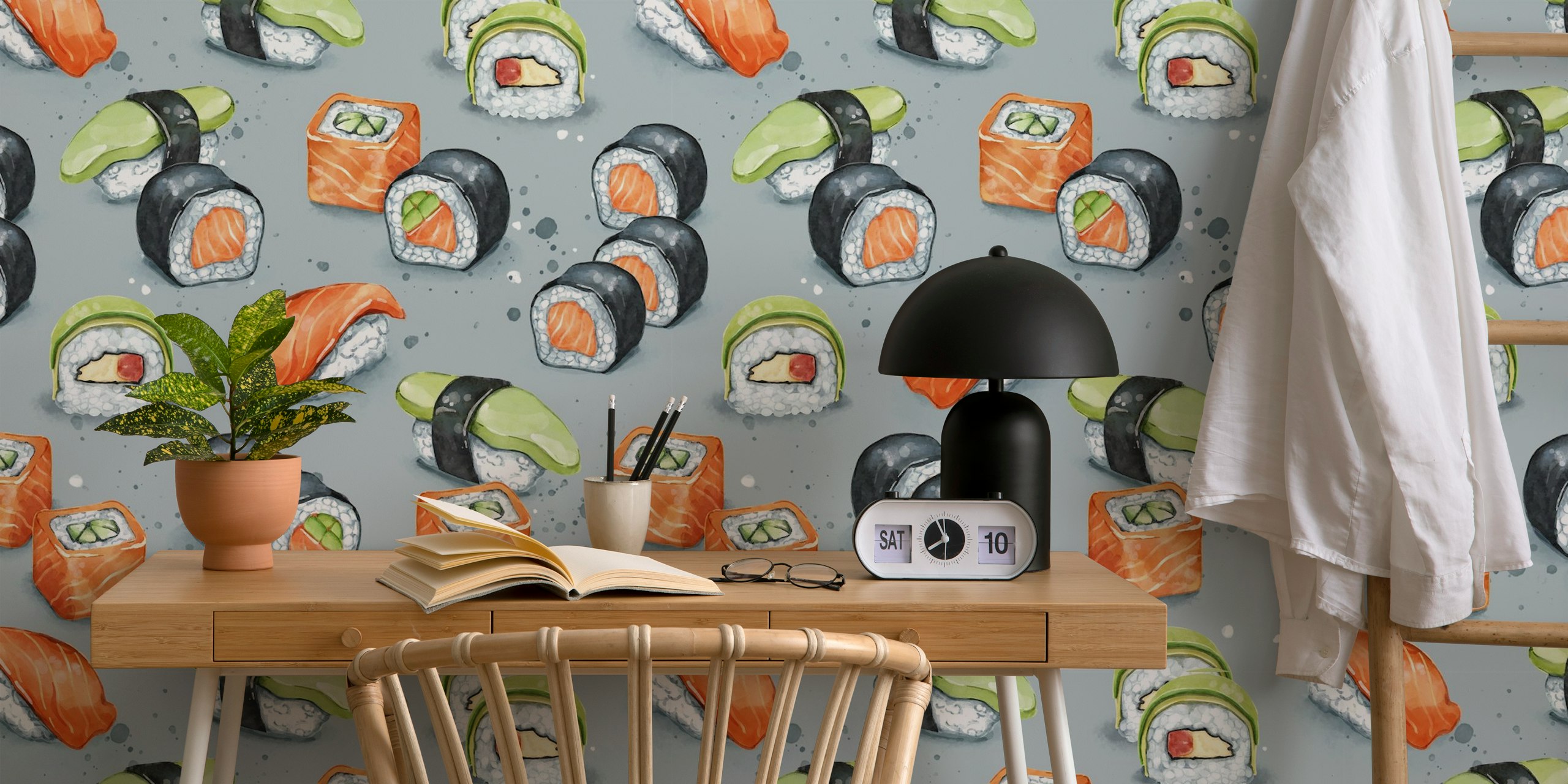 Colorful sushi roll patterns on a gray background wallpaper