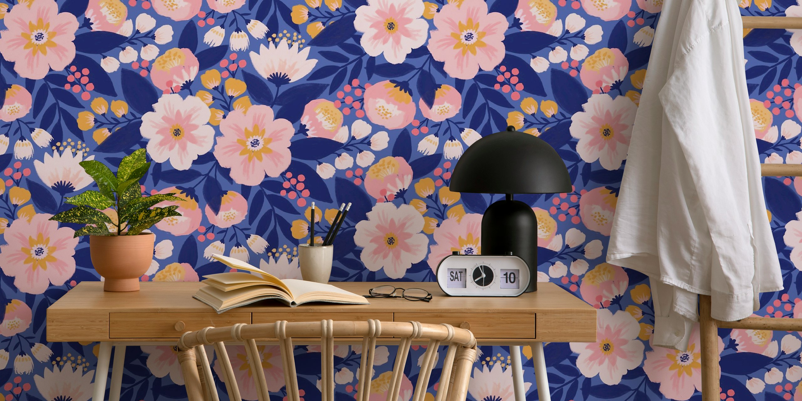 Navy floral wallpaper with pink, white, and yellow flowers
