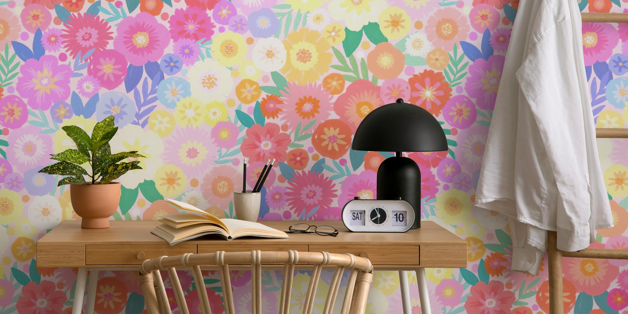 Rainbow Blooms floral wallpaper in a room