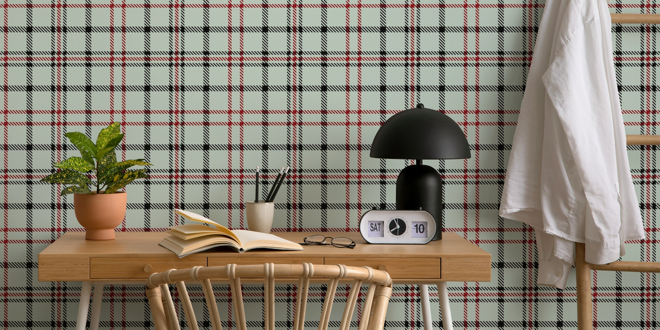 Duck egg tartan wallpaper in a room