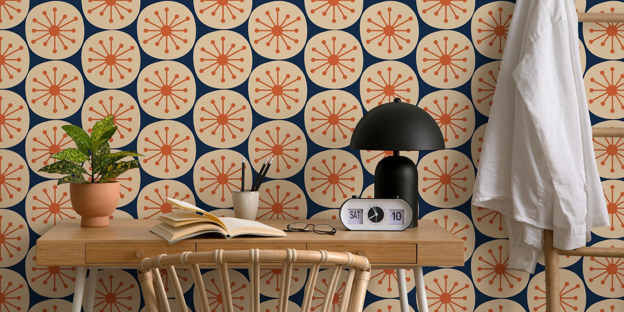 Mid century modern atomic dots in navy and orange wallpaper