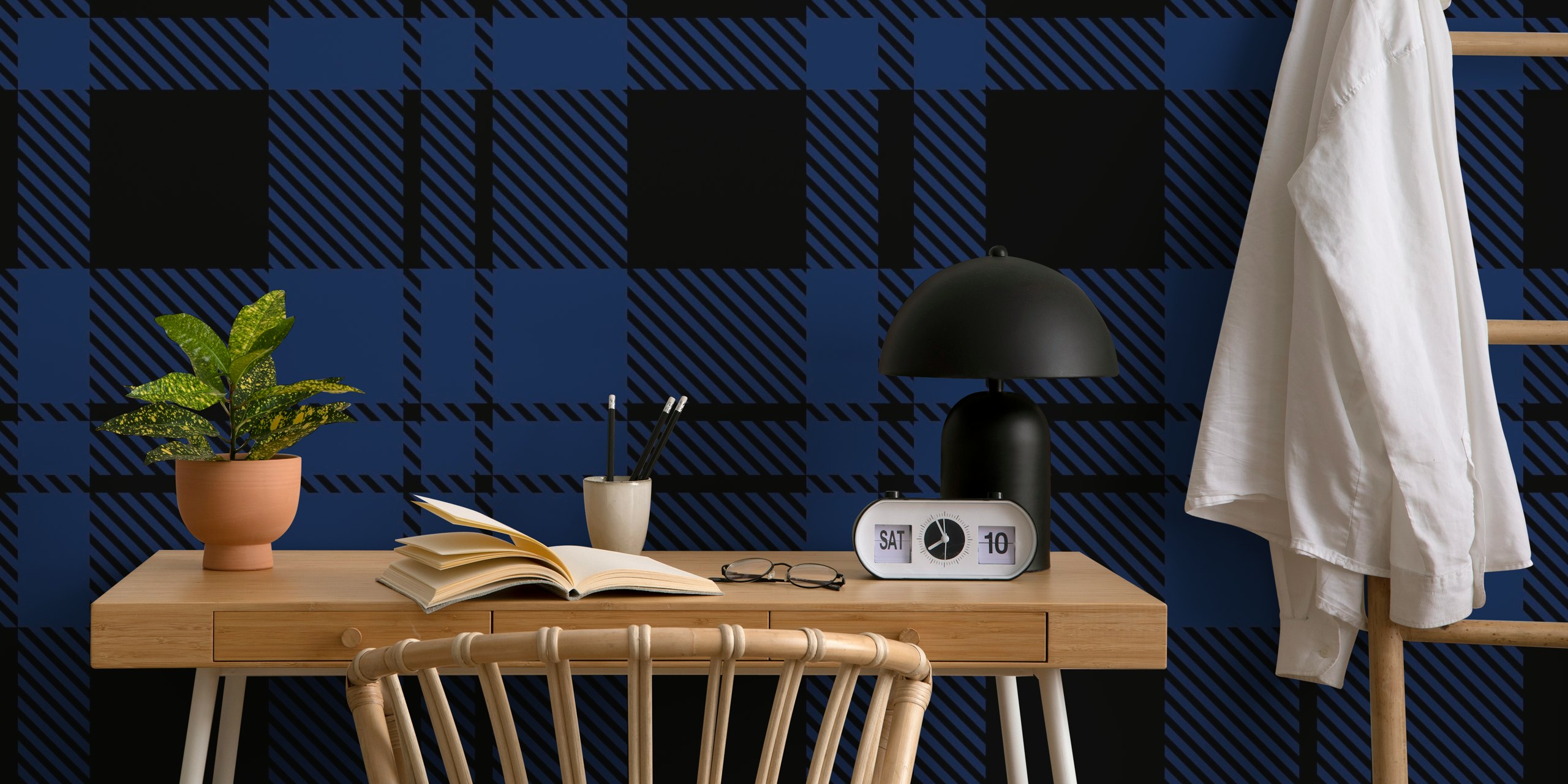 Navy blue plaid pattern wallpaper with black accents in a tartan design