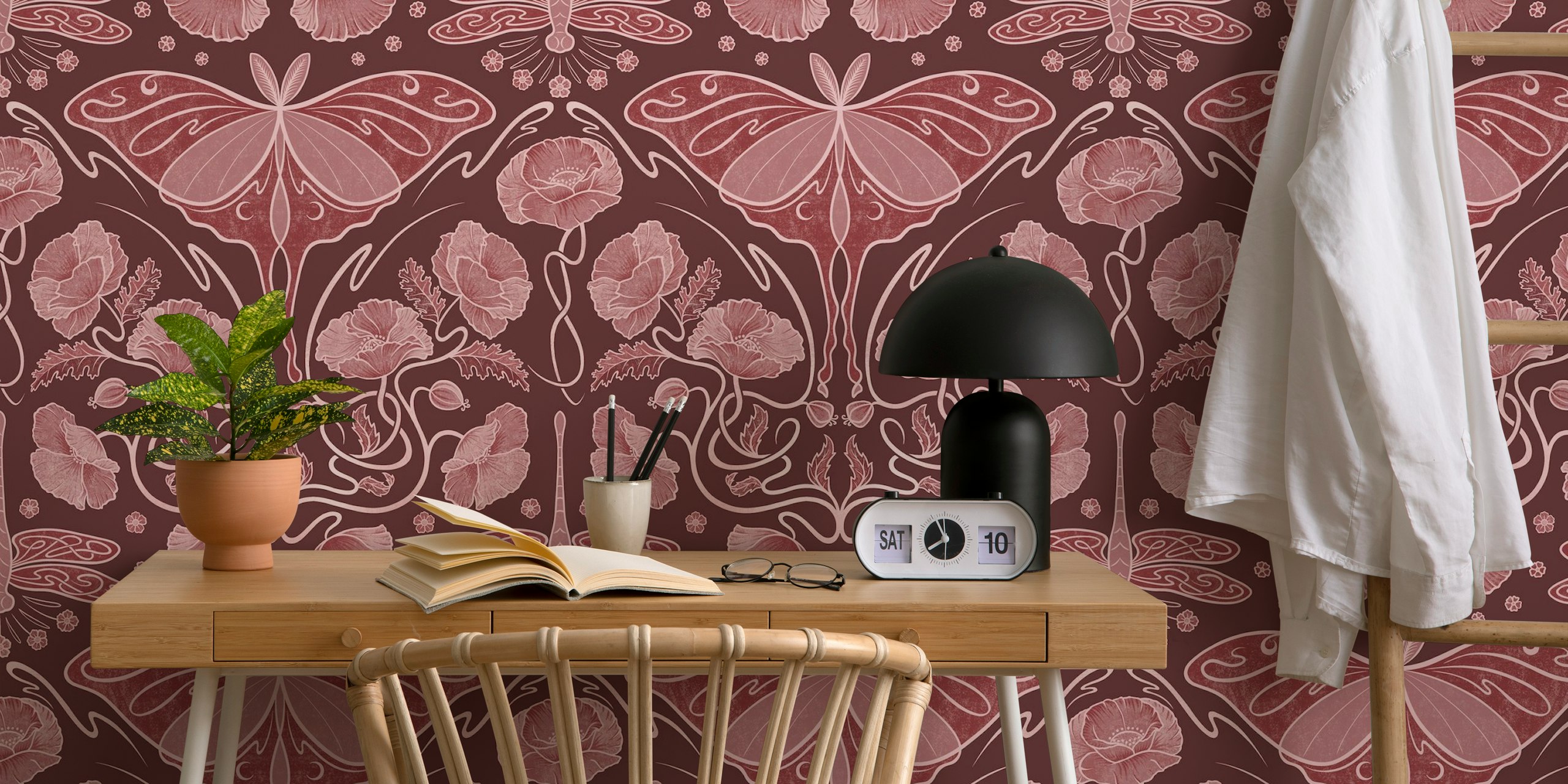 Art Nouveau Poppies and Luna moth wallpaper in burgundy